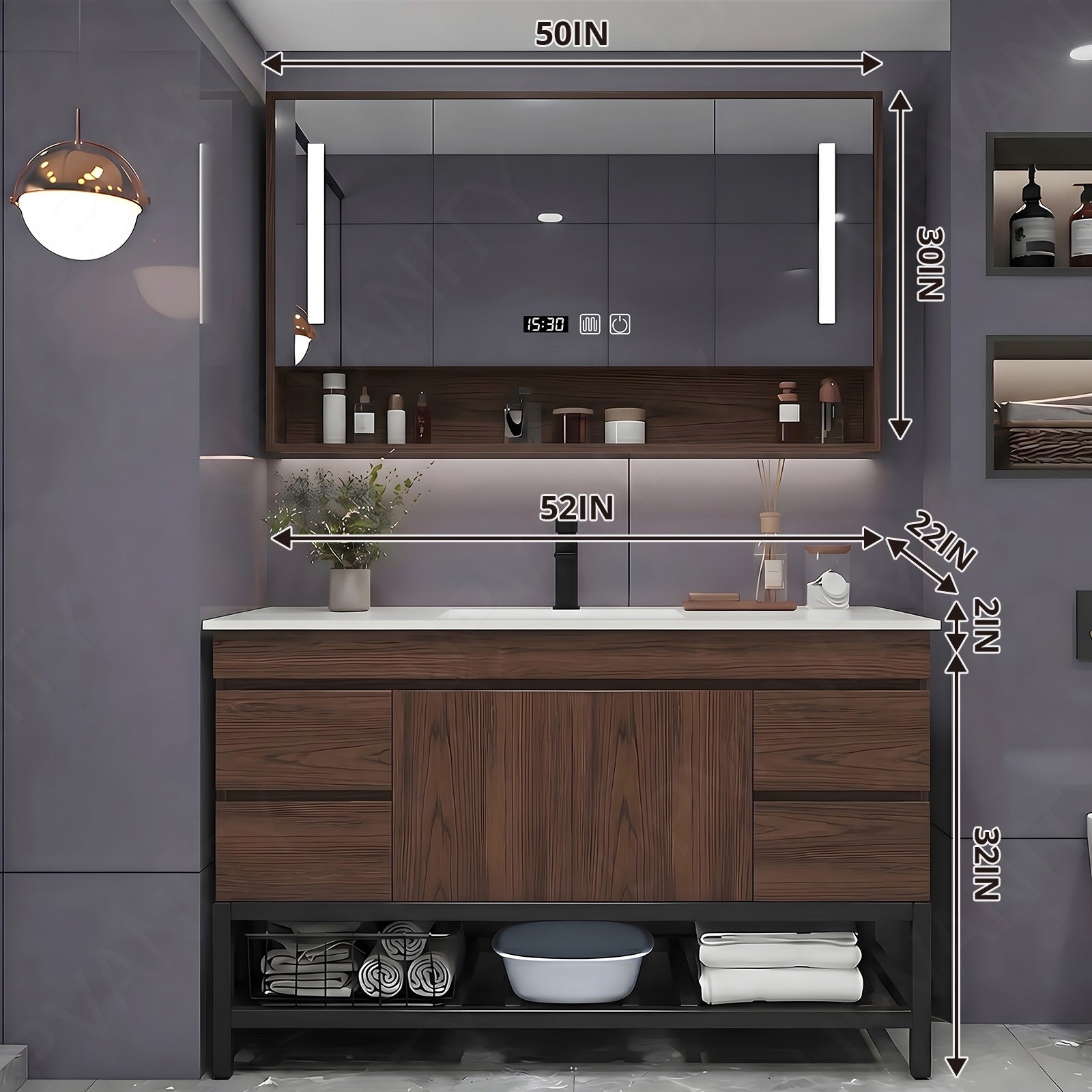 Modern Bath Vanity Set, Brown, Open Storage, 24"- 64", Single, Freestanding, Smart LED Mirror, Rear Cabinet