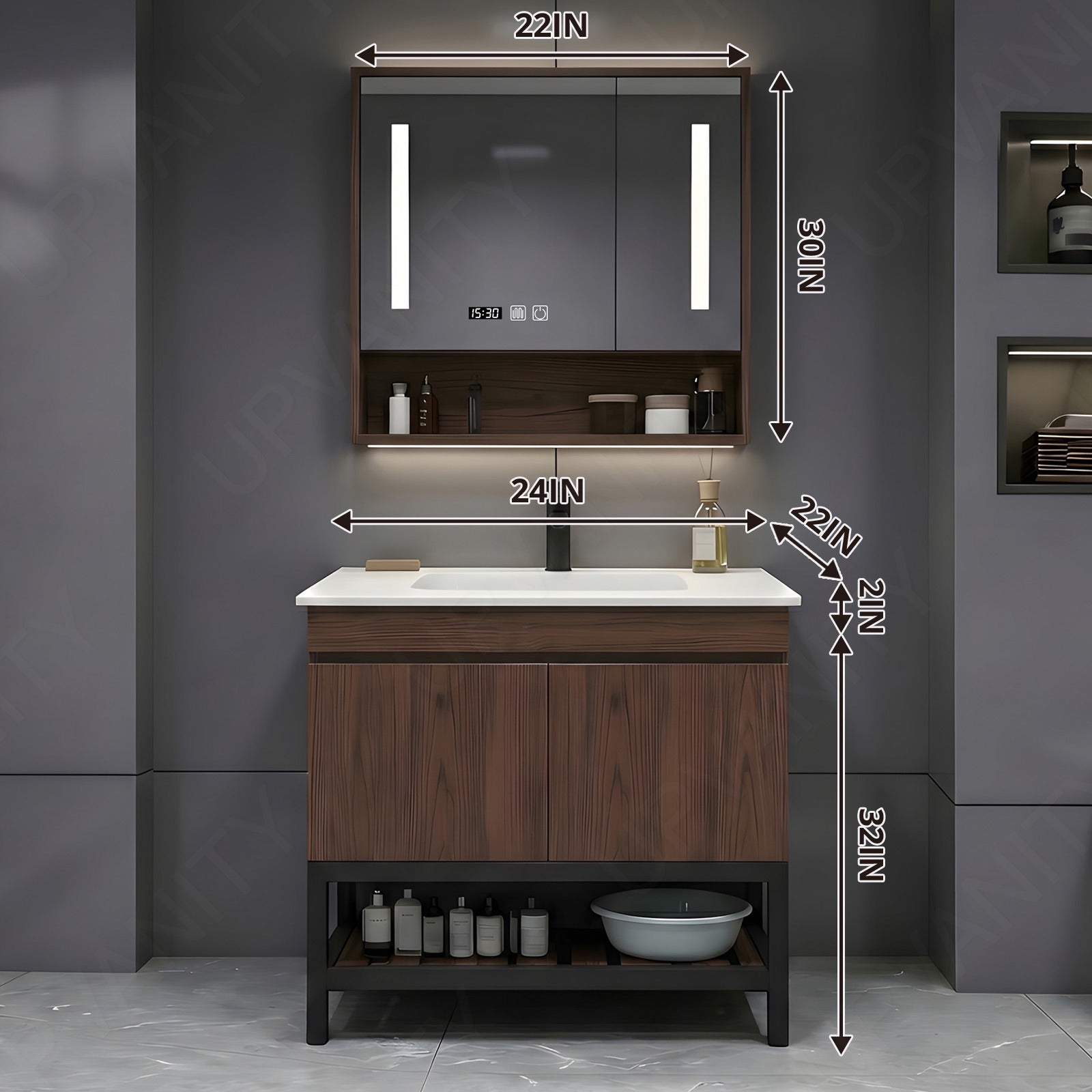 Modern Bath Vanity Set, Brown, Open Storage, 24"- 64", Single, Freestanding, Smart LED Mirror, Rear Cabinet