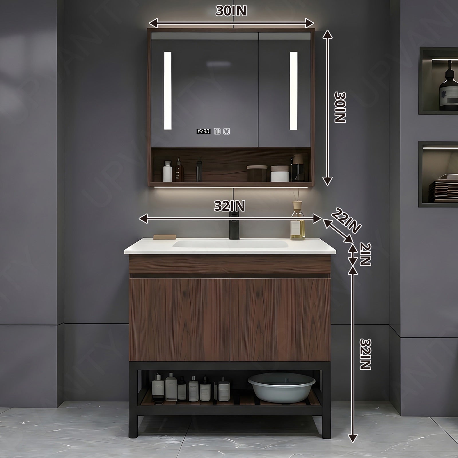 Modern Bath Vanity Set, Brown, Open Storage, 24"- 64", Single, Freestanding, Smart LED Mirror, Rear Cabinet