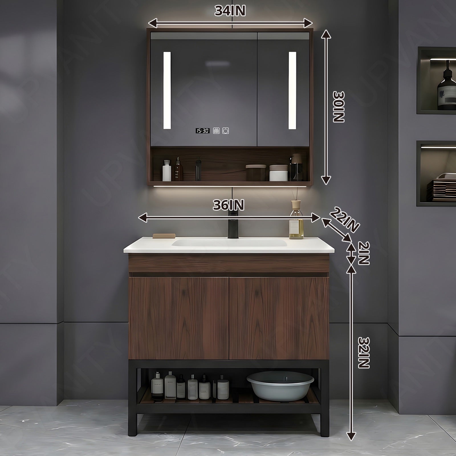 Modern Bath Vanity Set, Brown, Open Storage, 24"- 64", Single, Freestanding, Smart LED Mirror, Rear Cabinet