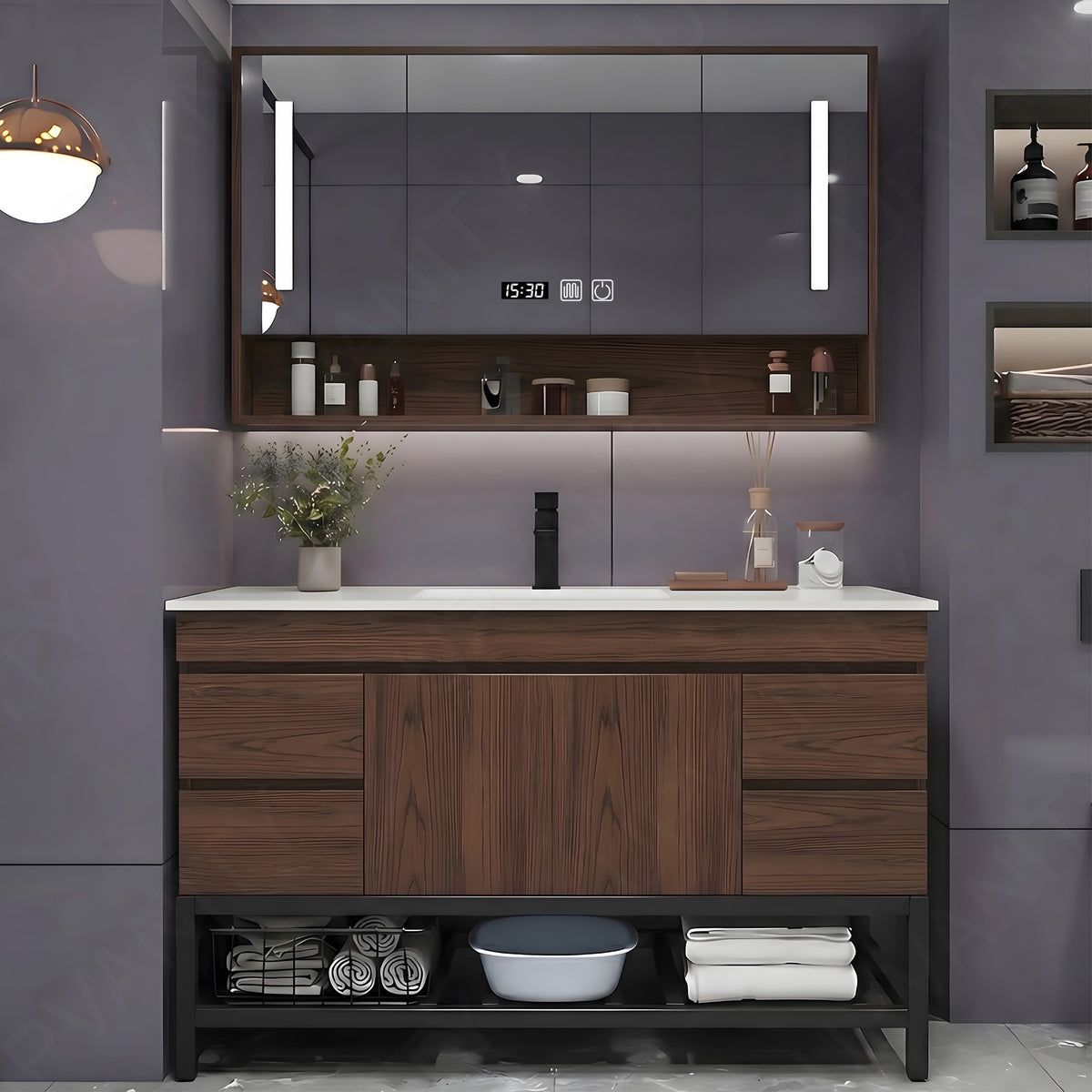 Modern Bath Vanity Set, Brown, Open Storage, 24"- 64", Single, Freestanding, Smart LED Mirror, Rear Cabinet