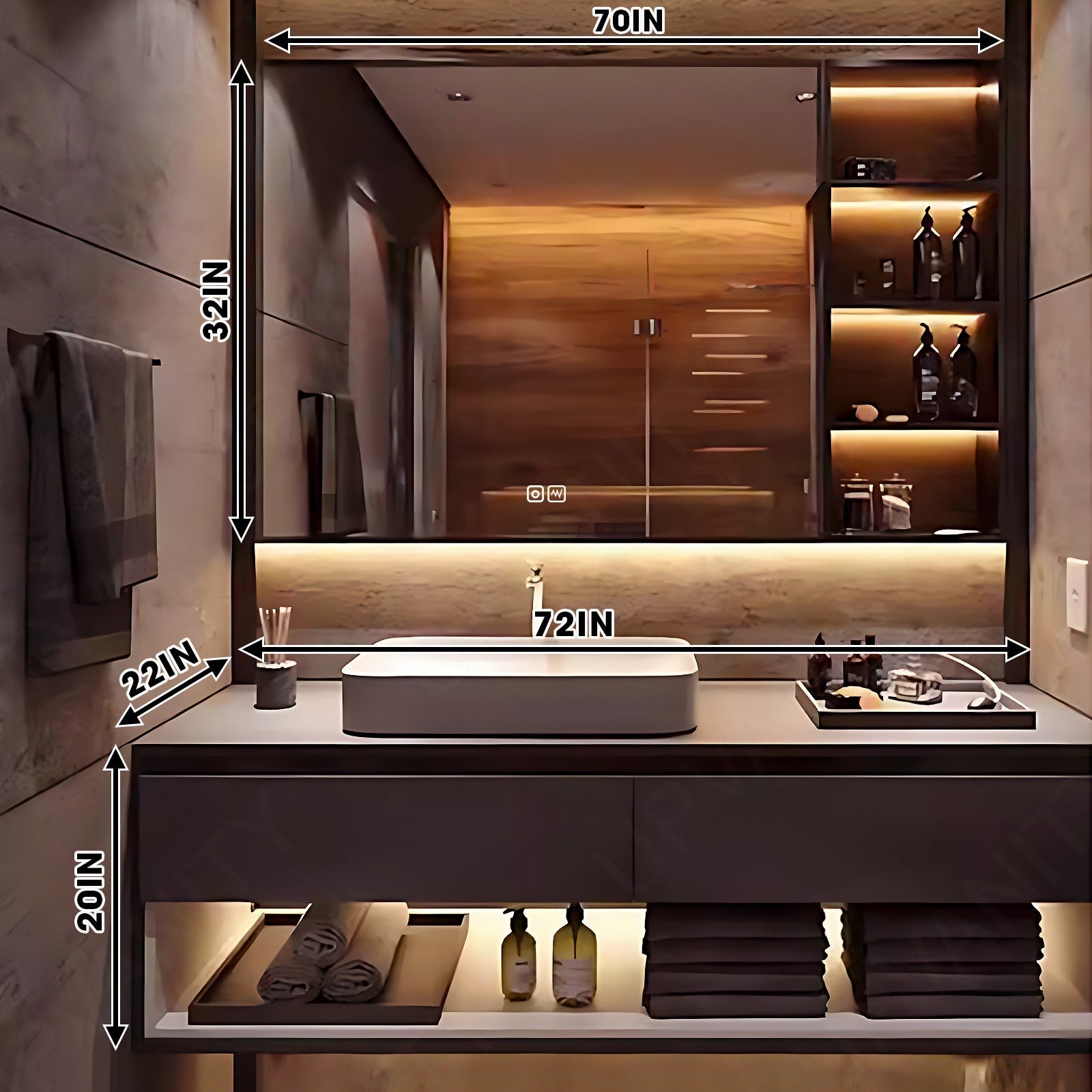 Modern Bath Vanity Set, Brown, Open Storage, 40"- 72", Single, Floating, Smart LED Mirror, Rear and Side Cabinets
