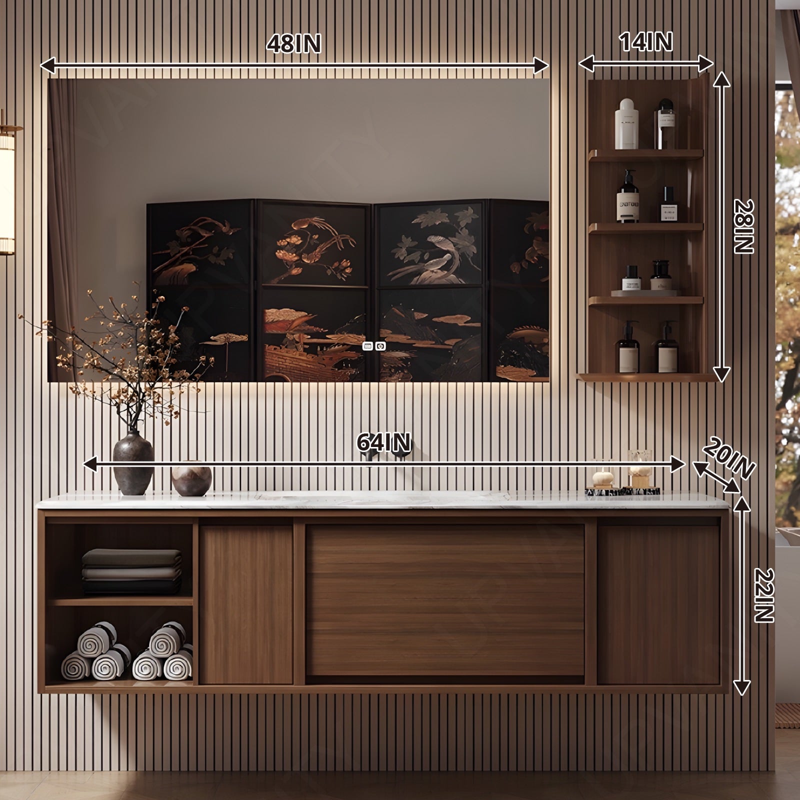 Modern Bath Vanity Set, Brown, Open Storage, 52"- 64", Single, Floating, Smart LED Mirror, Side Cabinet