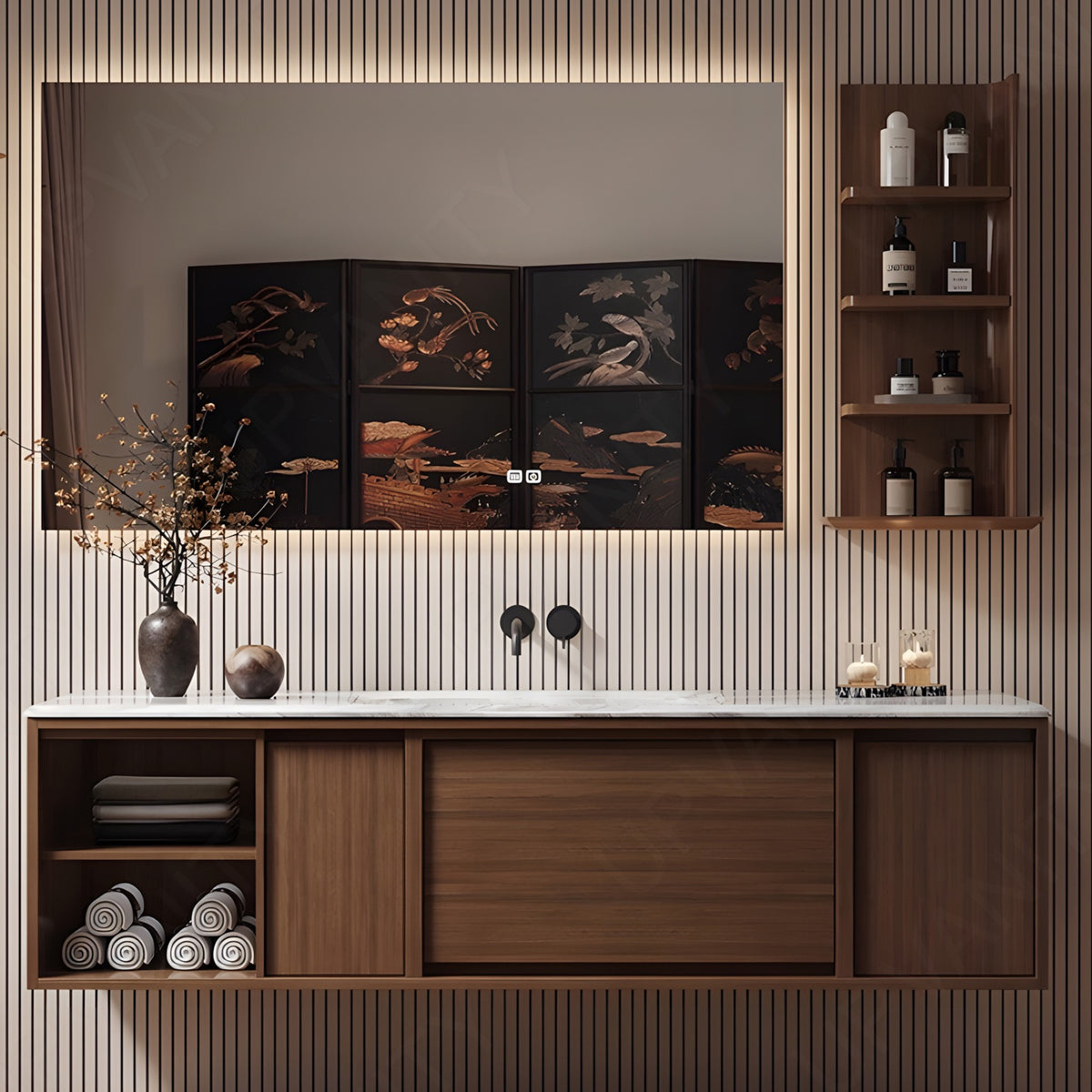 Modern Bath Vanity Set, Brown, Open Storage, 52"- 64", Single, Floating, Smart LED Mirror, Side Cabinet