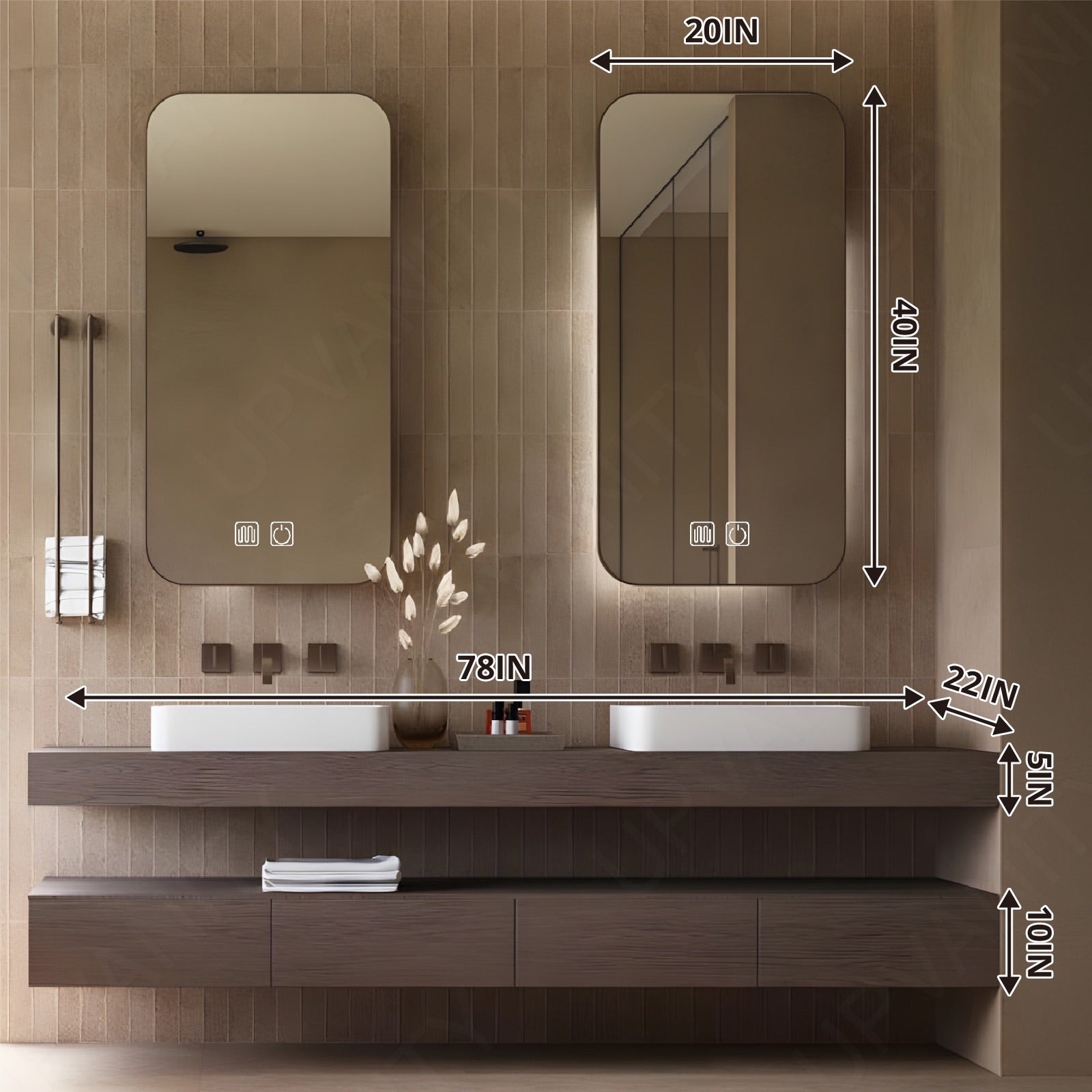 Modern Bath Vanity Set, Brown, Open Storage, 52"-78", Single Vessel Sink, Floating, Dual Smart LED Mirror