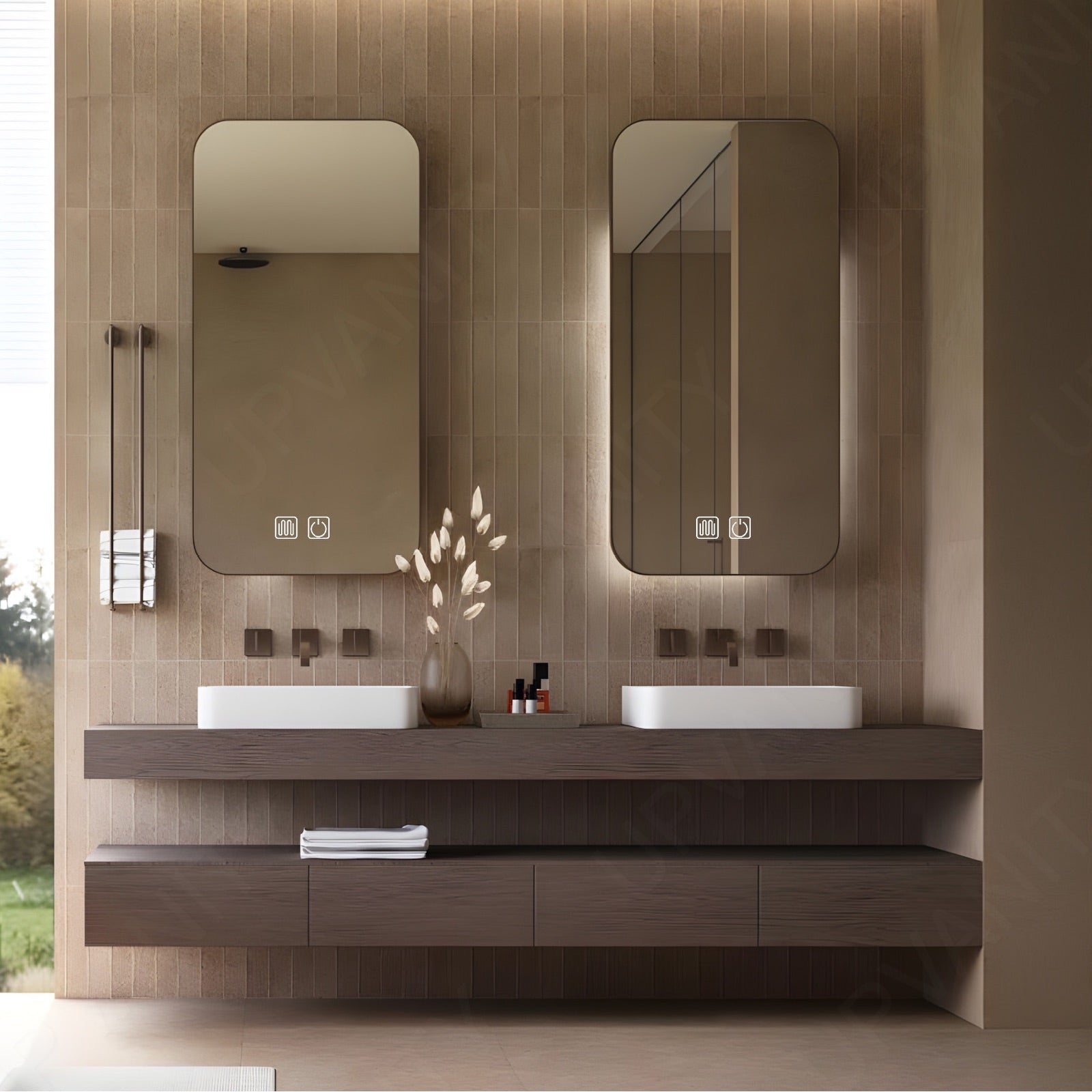 Modern Bath Vanity Set, Brown, Open Storage, 52"-78", Single Vessel Sink, Floating, Dual Smart LED Mirror