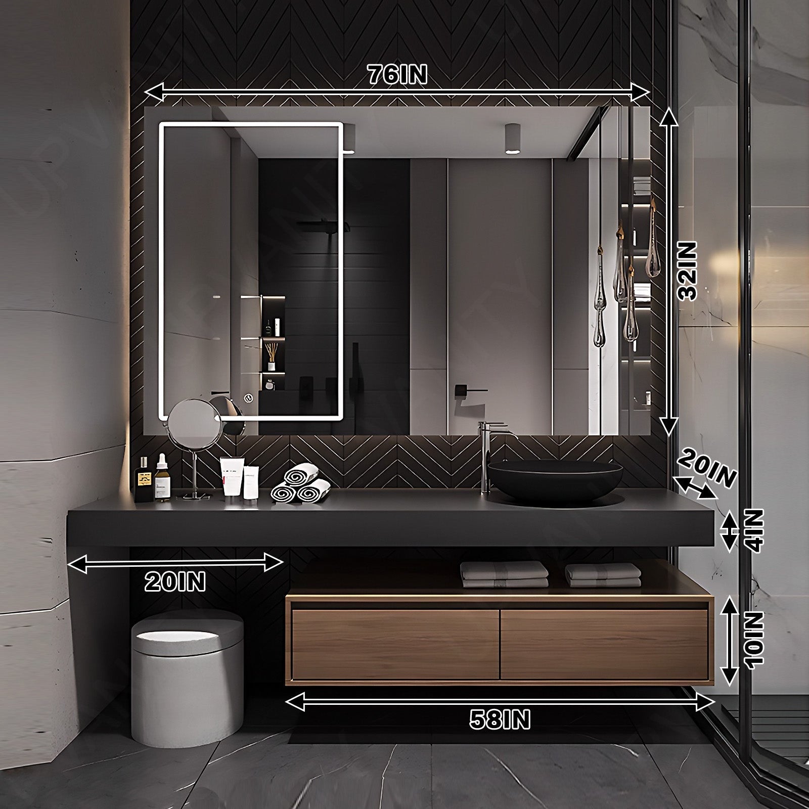 Modern Bath Vanity Set, Brown, Split Black Top, Open Storage, 52"- 78", Single Vessel Sink, Floating, Smart LED Mirror