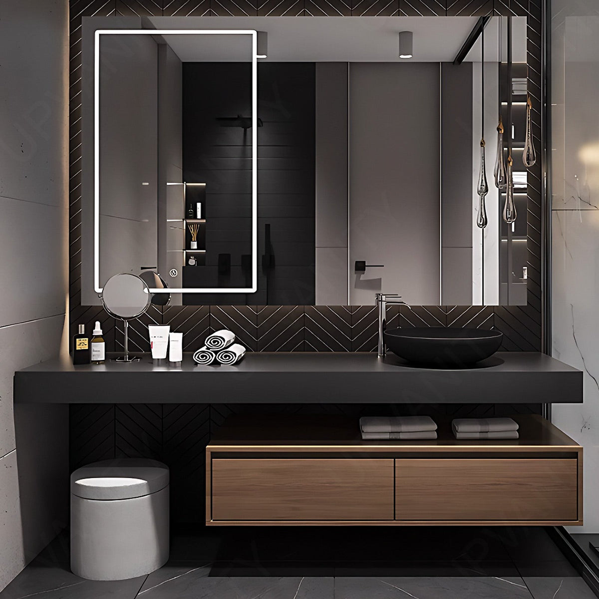 Modern Bath Vanity Set, Brown, Split Black Top, Open Storage, 52"- 78", Single Vessel Sink, Floating, Smart LED Mirror