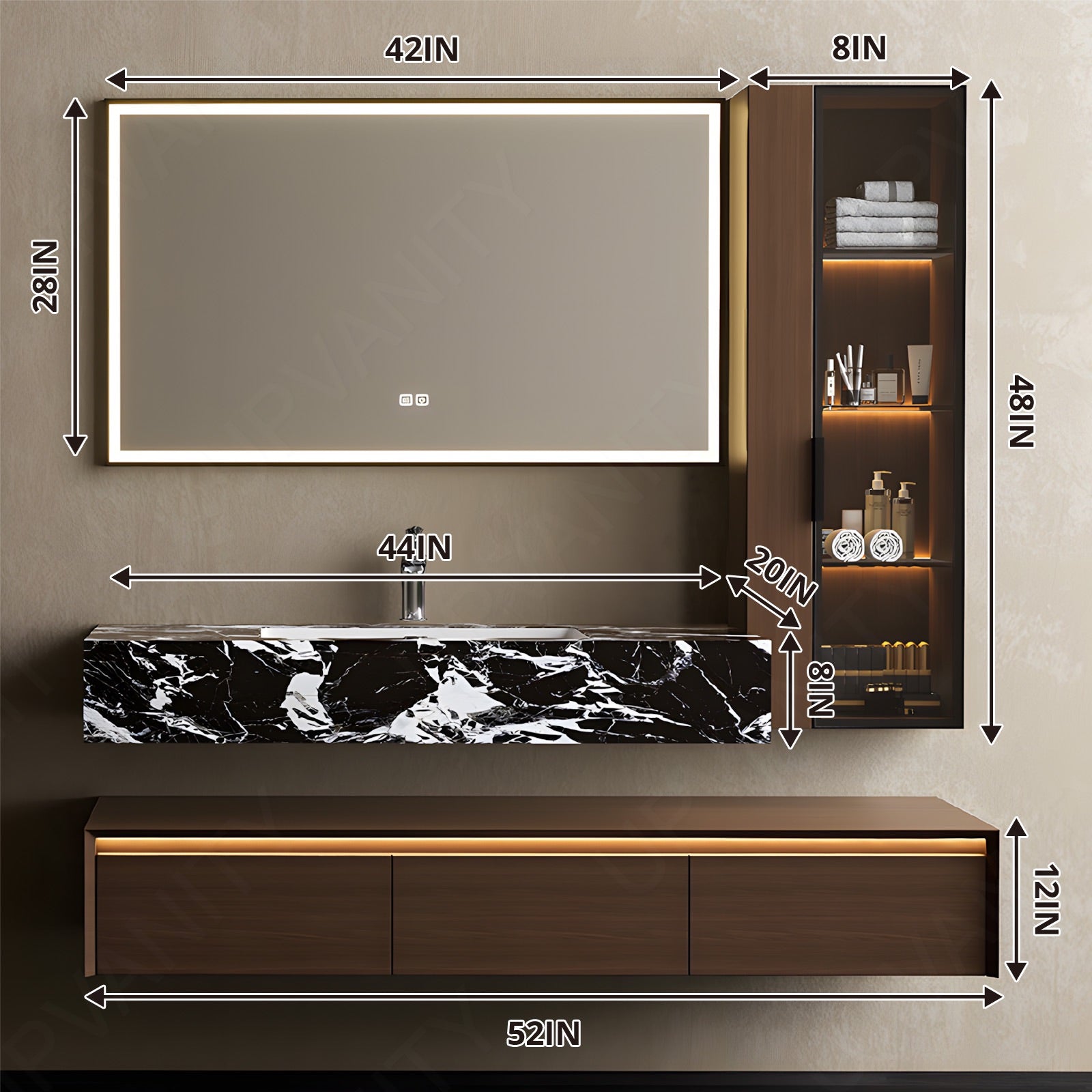 Modern Bath Vanity Set, Brown, Split Marble Textured Top, 32"-72", Single, Floating, Sensor Light, Smart LED Mirror, Side Cabinet