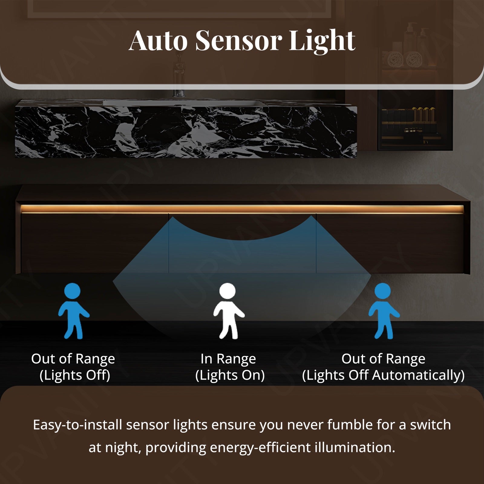 Modern Bath Vanity Set, Brown, Split Marble Textured Top, 32"-72", Single, Floating, Sensor Light, Smart LED Mirror, Side Cabinet