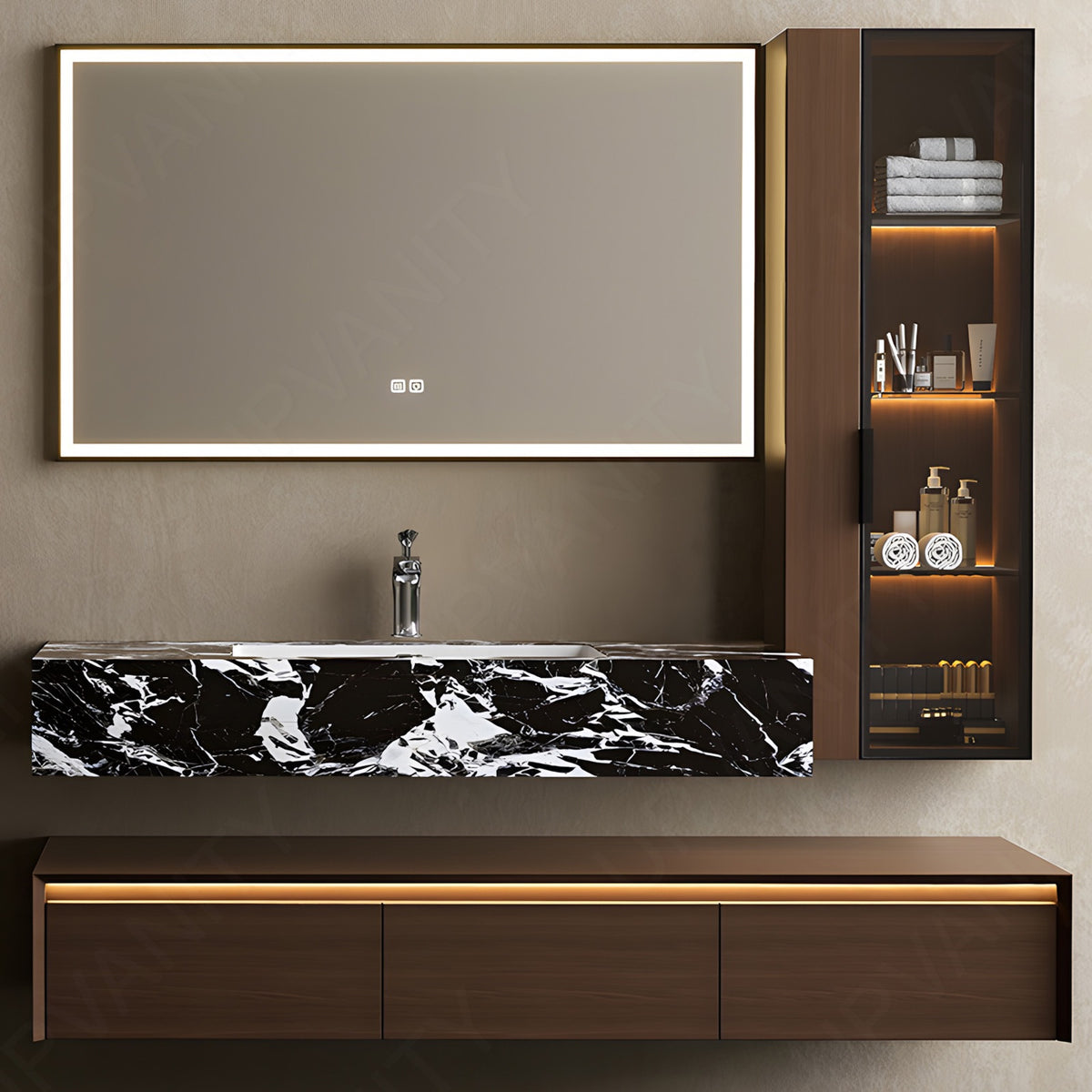 Modern Bath Vanity Set, Brown, Split Marble Textured Top, 32"-72", Single, Floating, Sensor Light, Smart LED Mirror, Side Cabinet