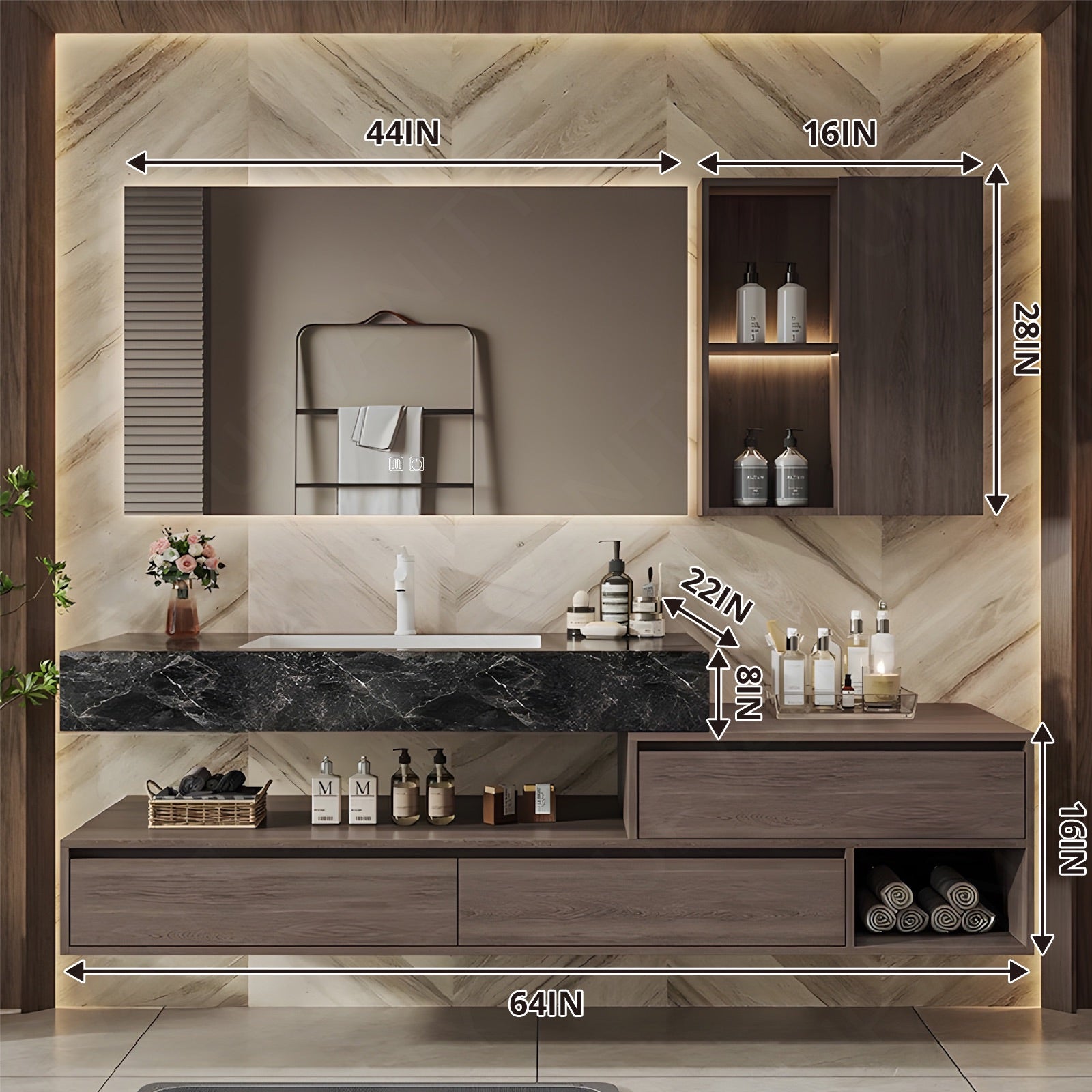 Modern Bath Vanity Set, Brown, Split Marble Textured Top, 40"-78", Single, Floating, Open Storage, Smart LED Mirror, Side Cabinet