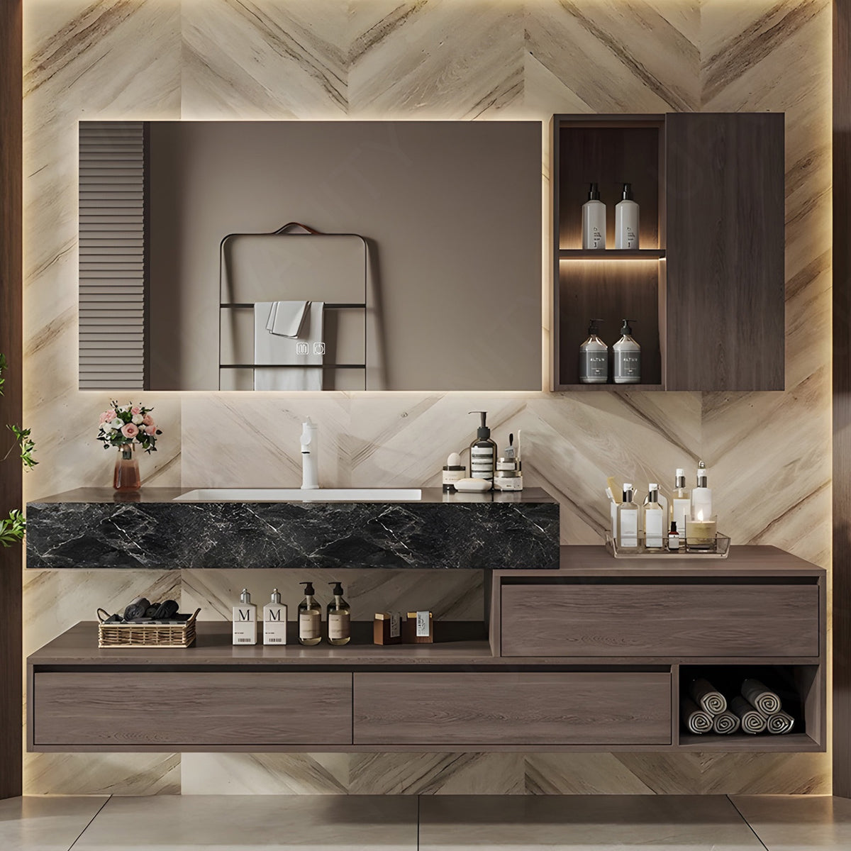 Modern Bath Vanity Set, Brown, Split Marble Textured Top, 40"-78", Single, Floating, Open Storage, Smart LED Mirror, Side Cabinet