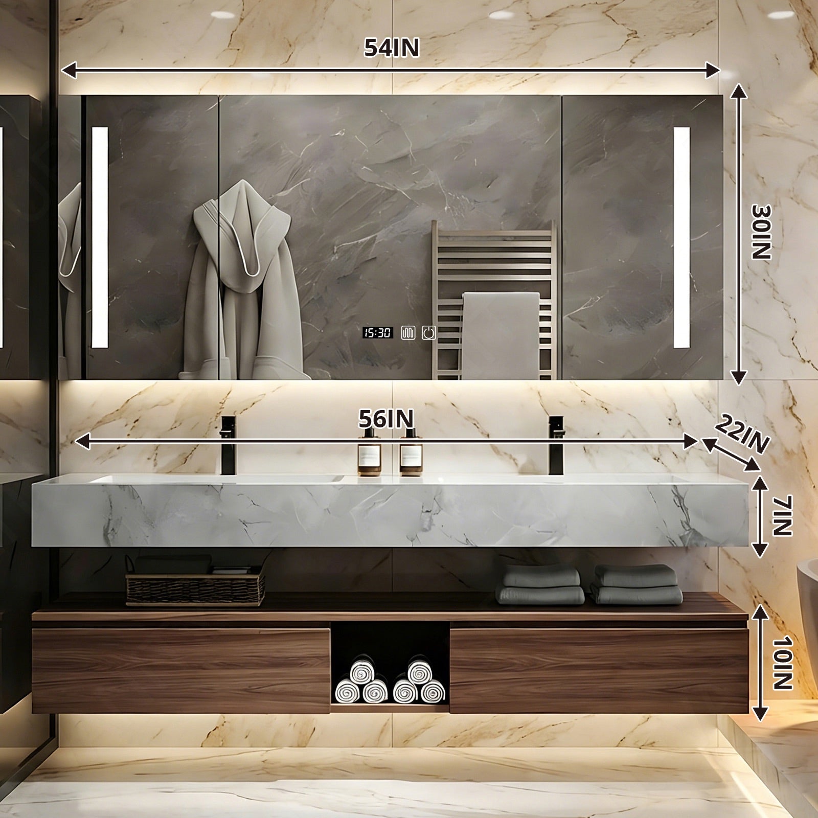 Modern Bath Vanity Set, Brown, Split Marble Textured Top, 52"-78", Double, Floating, Open Storage, Smart LED Mirror, Rear Cabinet