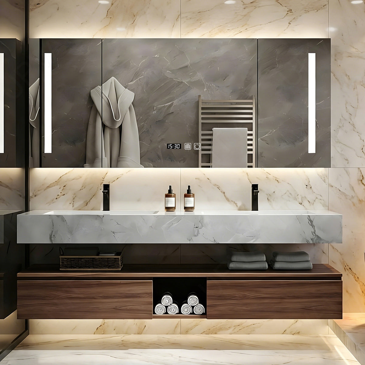 Modern Bath Vanity Set, Brown, Split Marble Textured Top, 52"-78", Double, Floating, Open Storage, Smart LED Mirror, Rear Cabinet