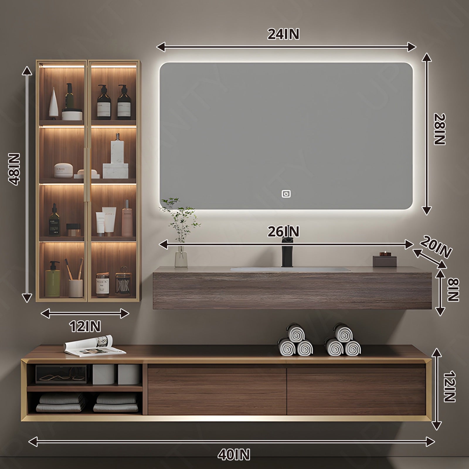 Modern Bath Vanity Set, Brown, Split Slate Top, 32"-72", Single, Floating, Glass Door, Smart LED Mirror, Side Cabinet