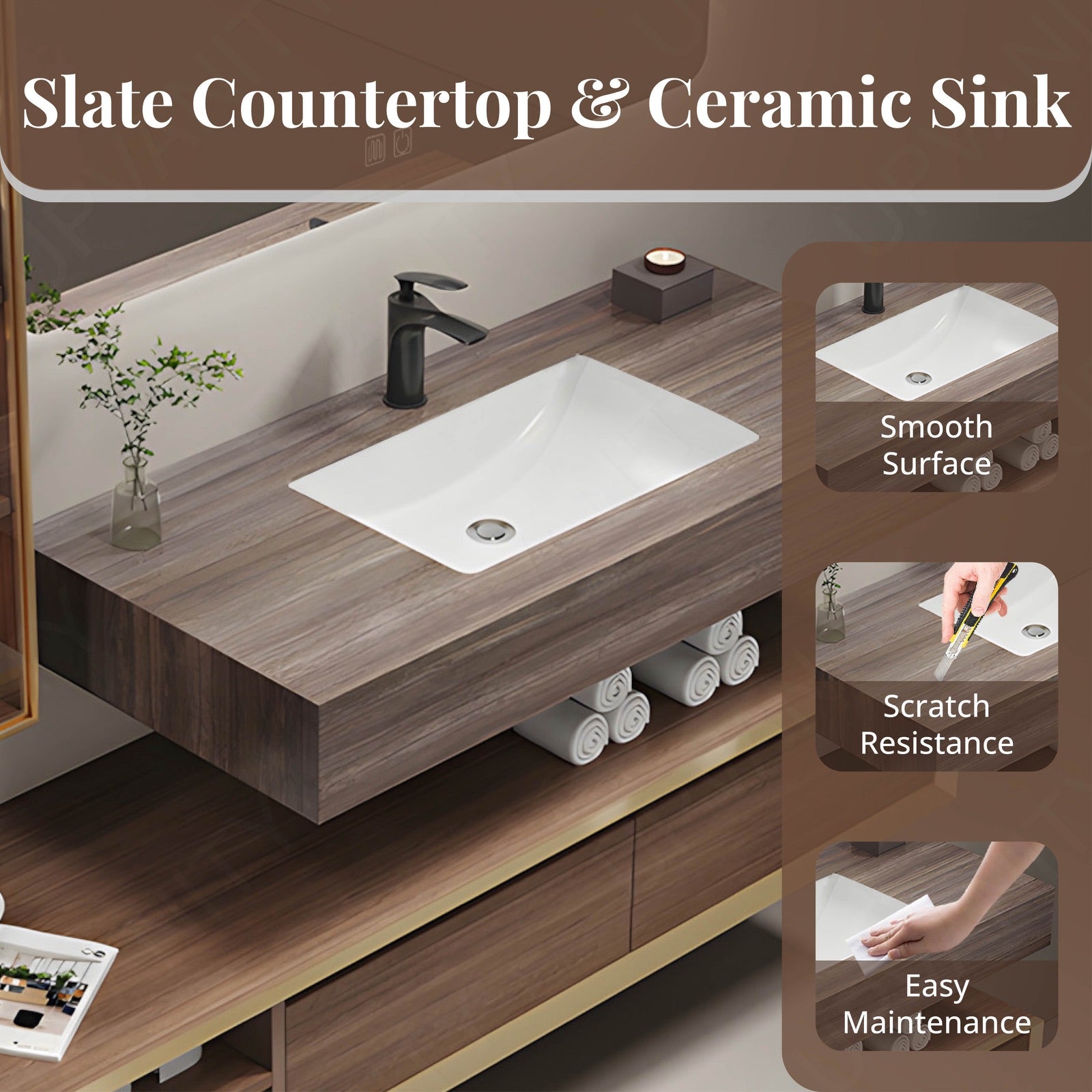 Modern Bath Vanity Set, Brown, Split Slate Top, 40"-72", Single, Floating, Glass Door, Smart LED Mirror, Side Cabinet