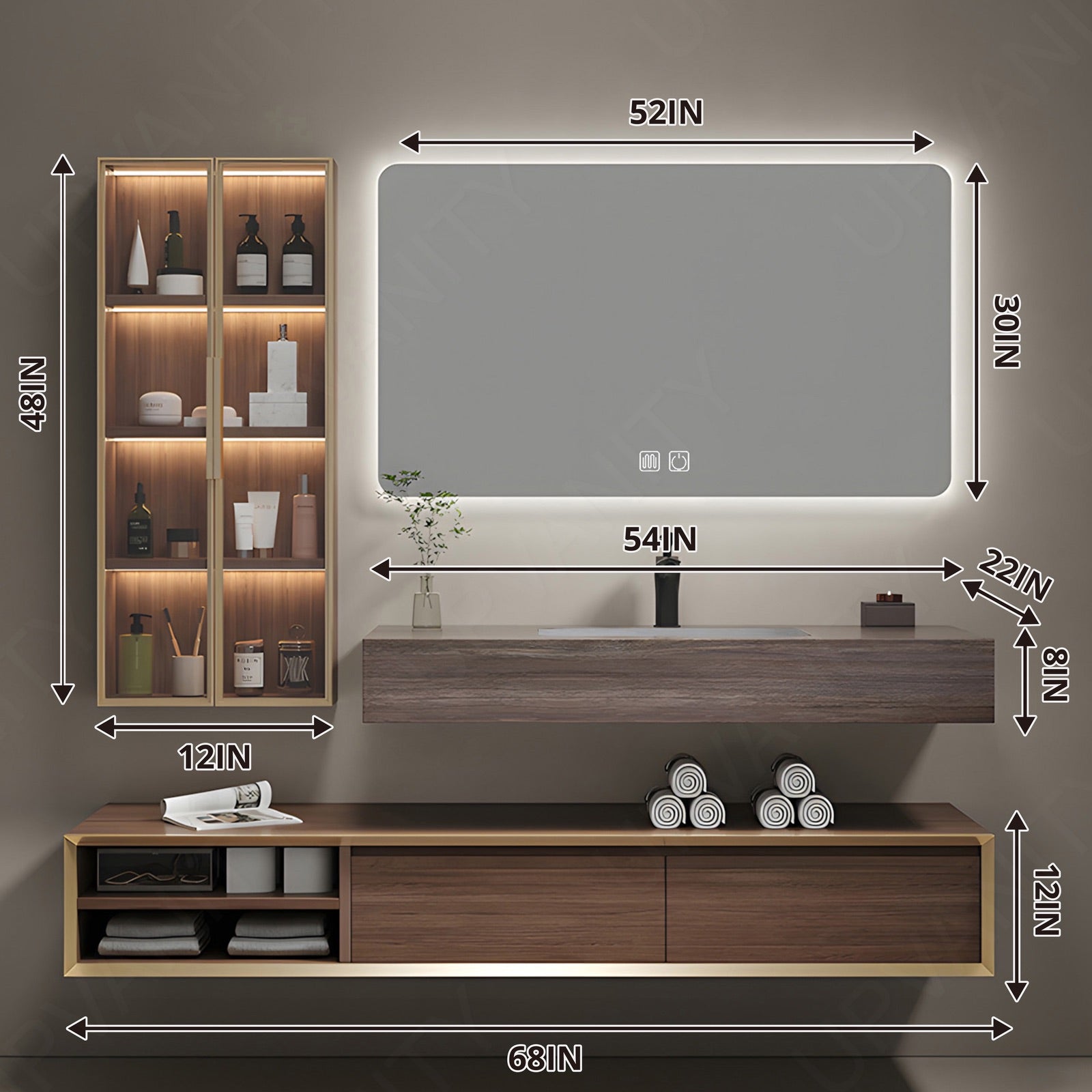 Modern Bath Vanity Set, Brown, Split Slate Top, 40"-72", Single, Floating, Glass Door, Smart LED Mirror, Side Cabinet