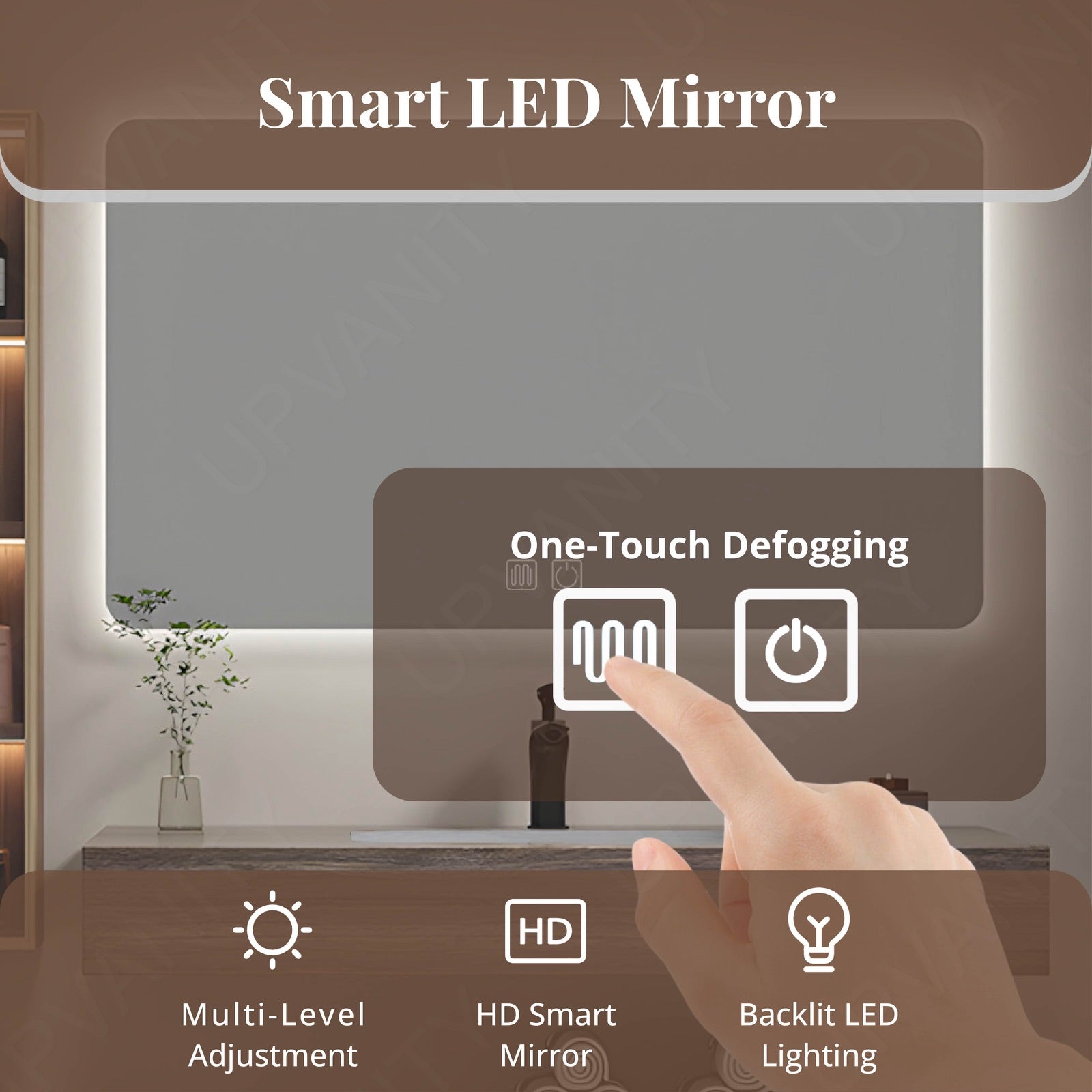 Modern Bath Vanity Set, Brown, Split Slate Top, 40"-72", Single, Floating, Glass Door, Smart LED Mirror, Side Cabinet