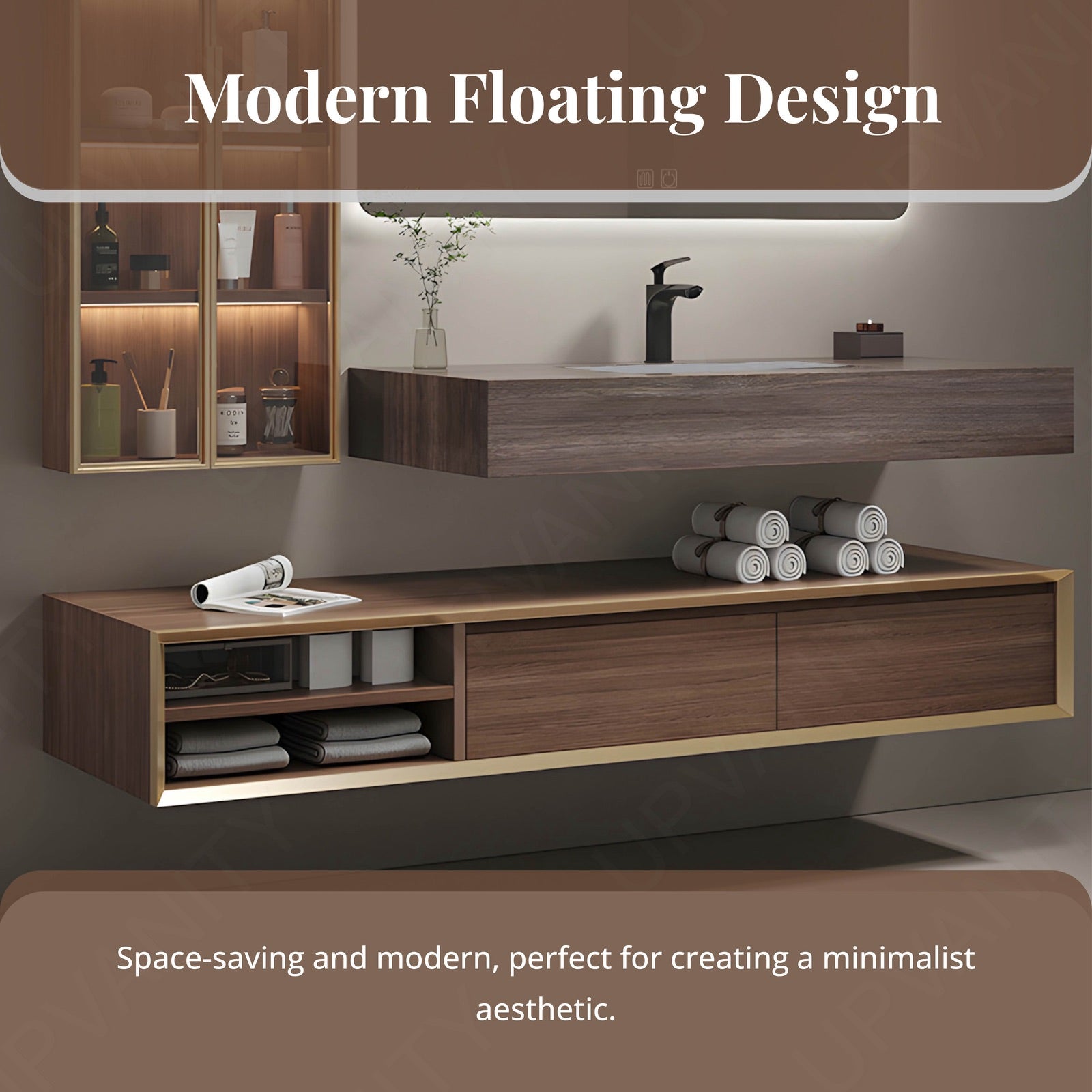 Modern Bath Vanity Set, Brown, Split Slate Top, 40"-72", Single, Floating, Glass Door, Smart LED Mirror, Side Cabinet