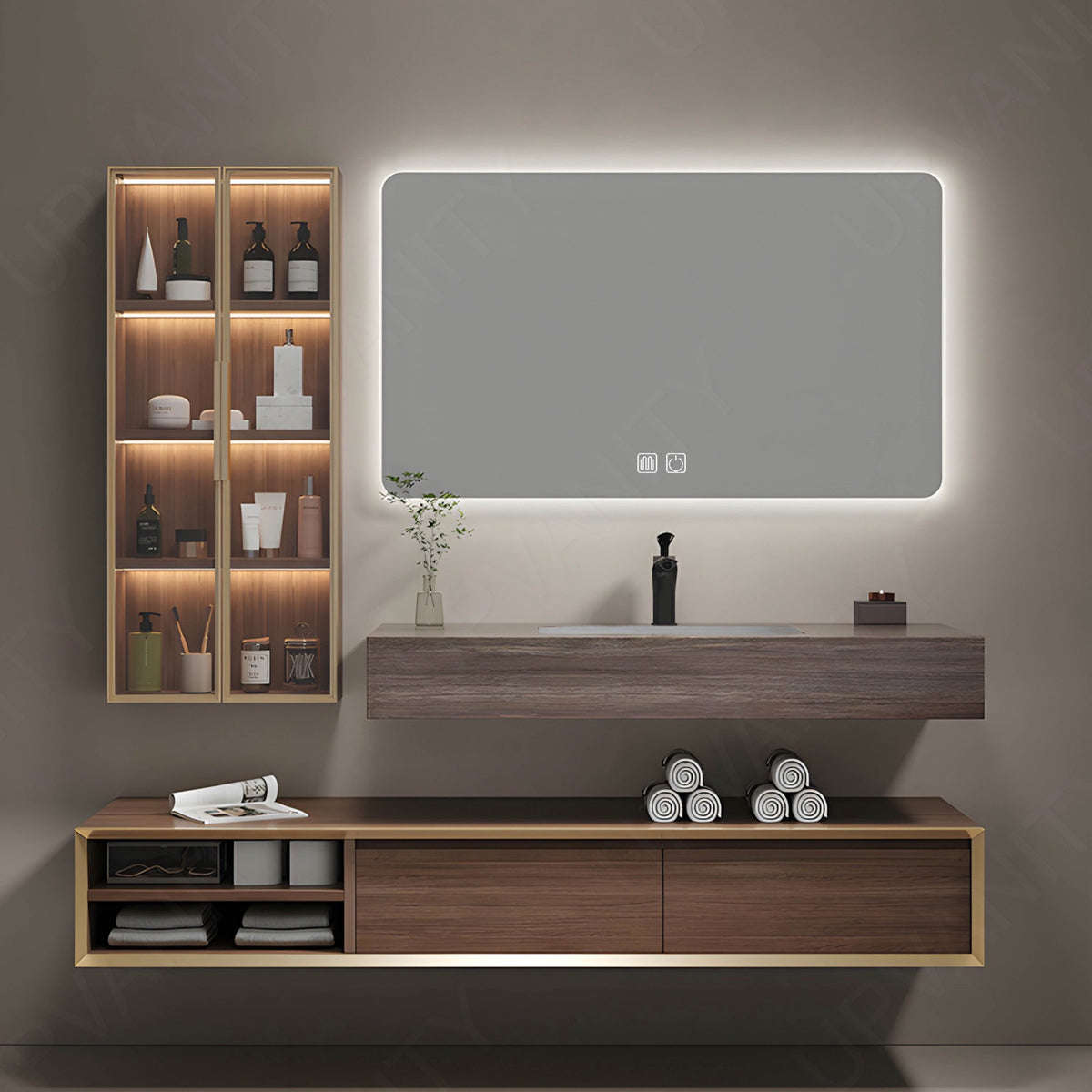 Modern Bath Vanity Set, Brown, Split Slate Top, 40"-72", Single, Floating, Glass Door, Smart LED Mirror, Side Cabinet