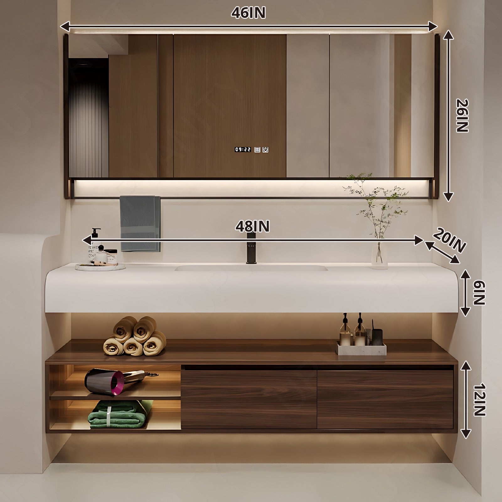 Modern Bath Vanity Set, Brown, Split White Top, 32"- 72", Single, Floating, Smart LED Mirror, Rear Cabinet