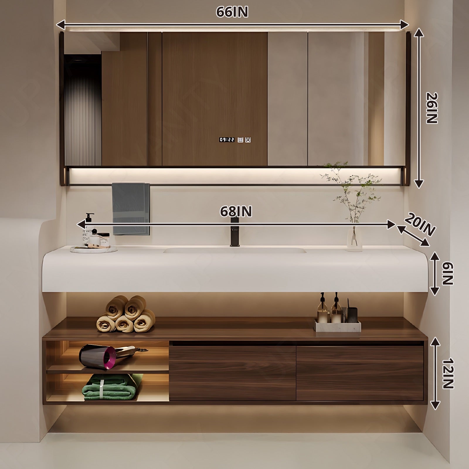 Modern Bath Vanity Set, Brown, Split White Top, 32"- 72", Single, Floating, Smart LED Mirror, Rear Cabinet