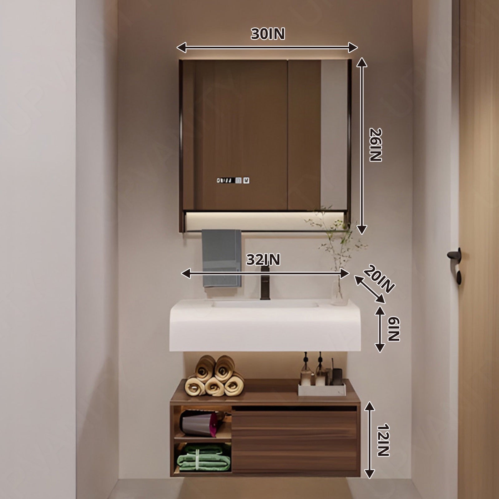 Modern Bath Vanity Set, Brown, Split White Top, 32"- 72", Single, Floating, Smart LED Mirror, Rear Cabinet