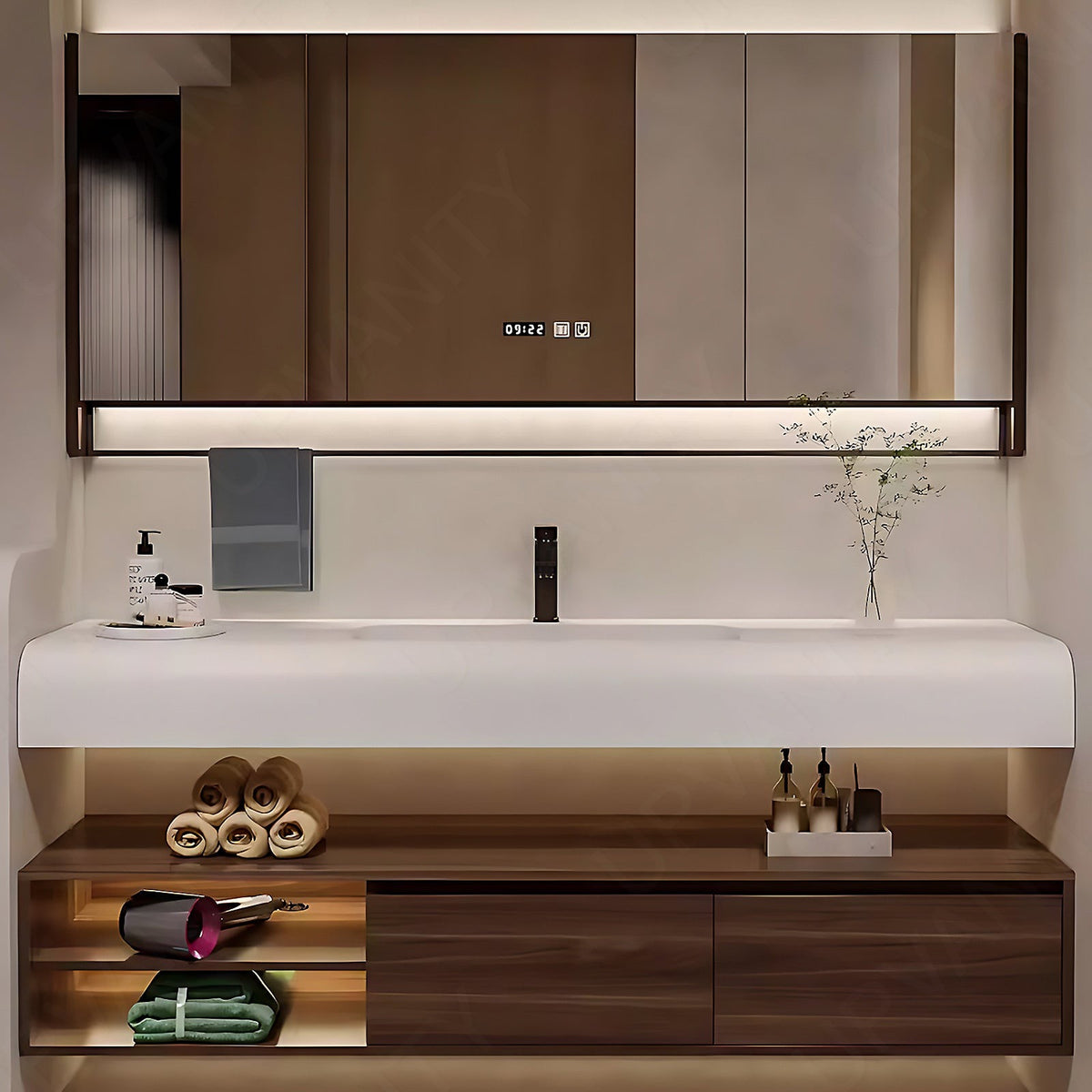 Modern Bath Vanity Set, Brown, Split White Top, 32"- 72", Single, Floating, Smart LED Mirror, Rear Cabinet