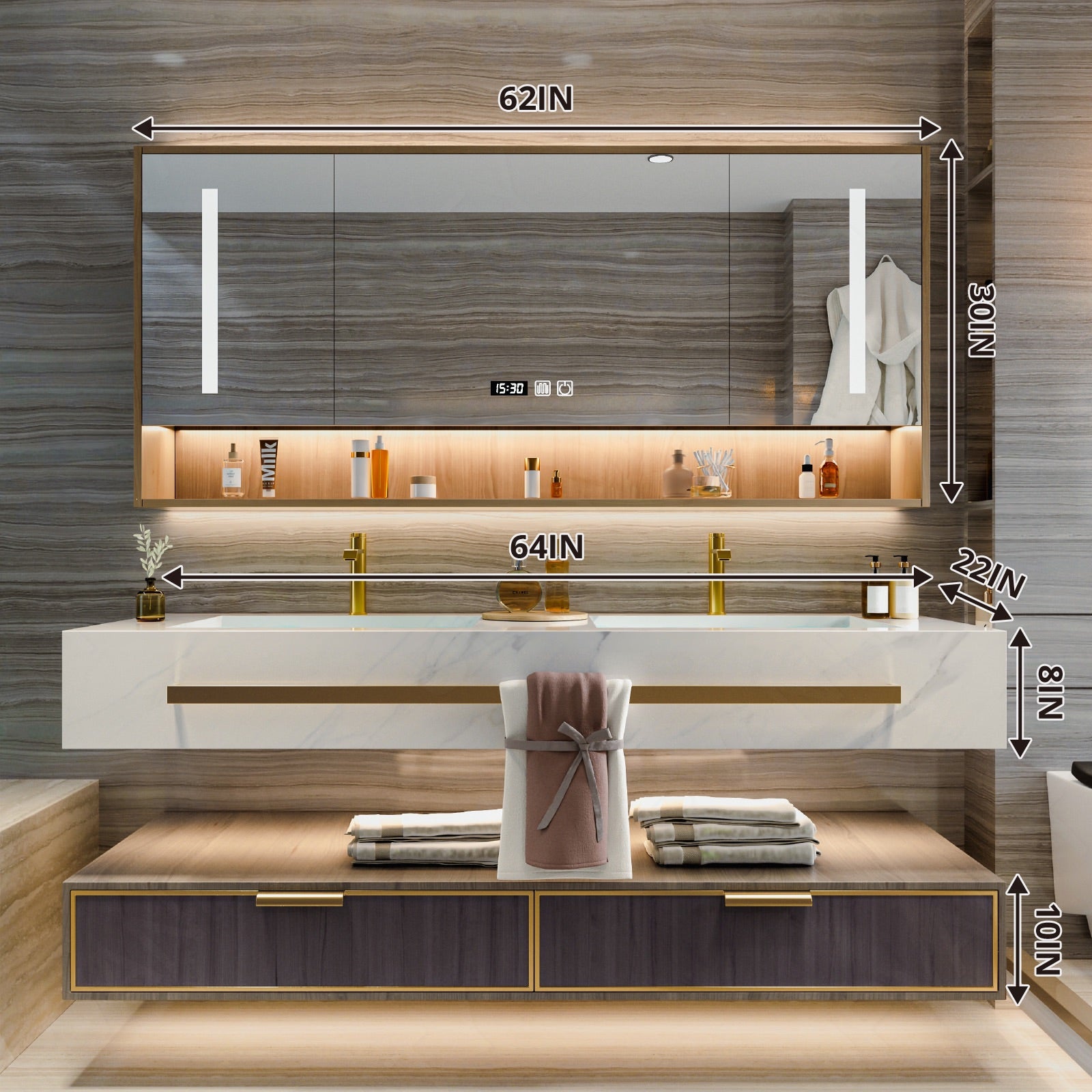 Modern Bath Vanity Set, Brown, Split White Top, 32"- 78", Single/Double, Floating, Smart LED Mirror, Rear Cabinet