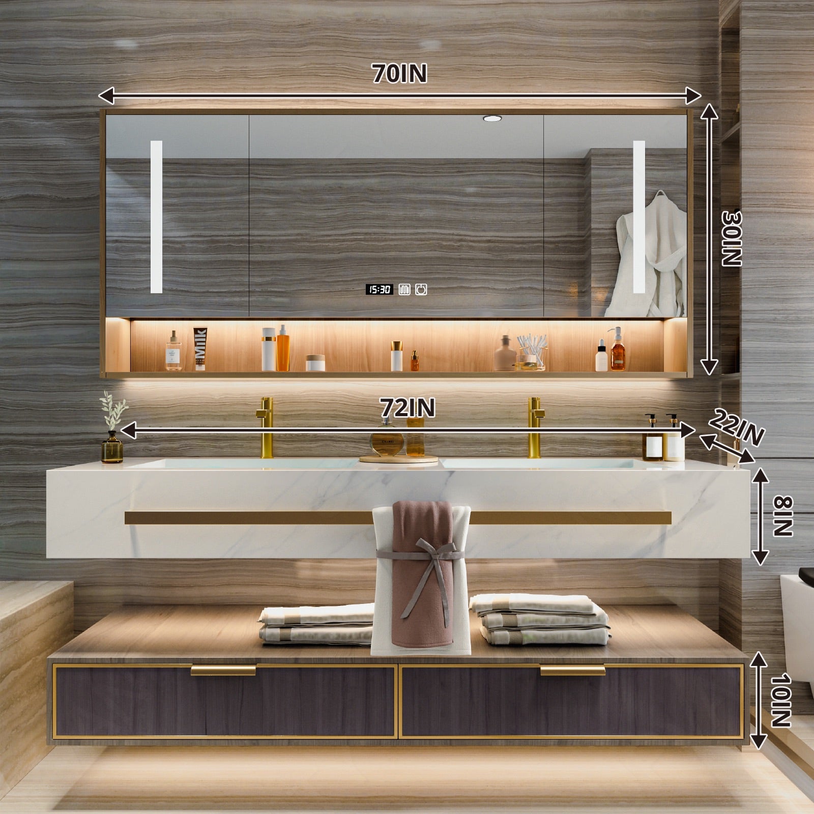 Modern Bath Vanity Set, Brown, Split White Top, 32"- 78", Single/Double, Floating, Smart LED Mirror, Rear Cabinet