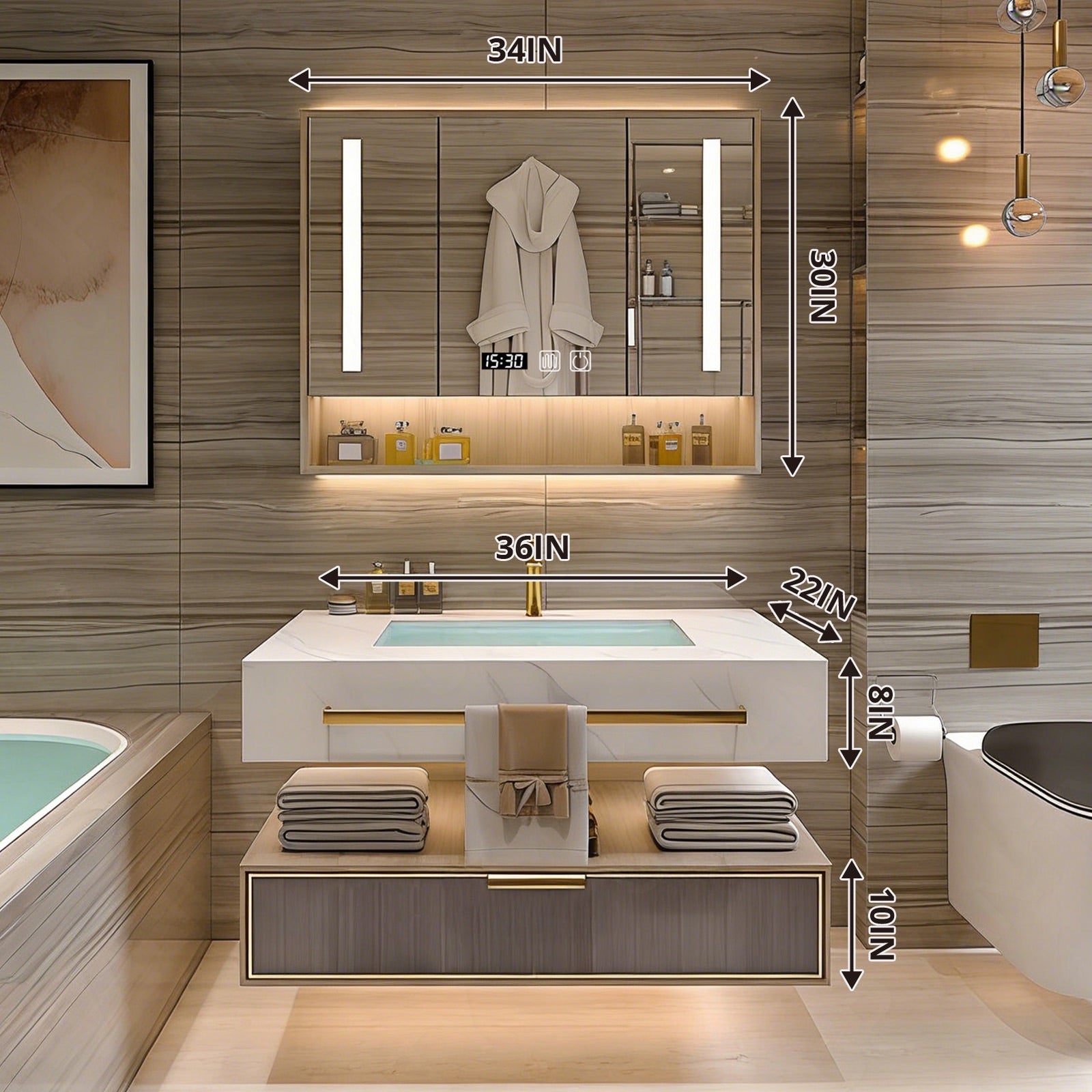 Modern Bath Vanity Set, Brown, Split White Top, 32"- 78", Single/Double, Floating, Smart LED Mirror, Rear Cabinet