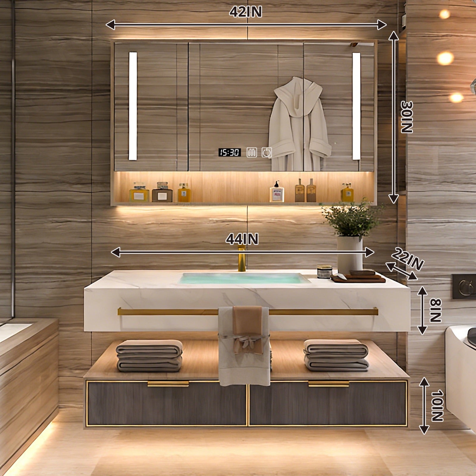Modern Bath Vanity Set, Brown, Split White Top, 32"- 78", Single/Double, Floating, Smart LED Mirror, Rear Cabinet