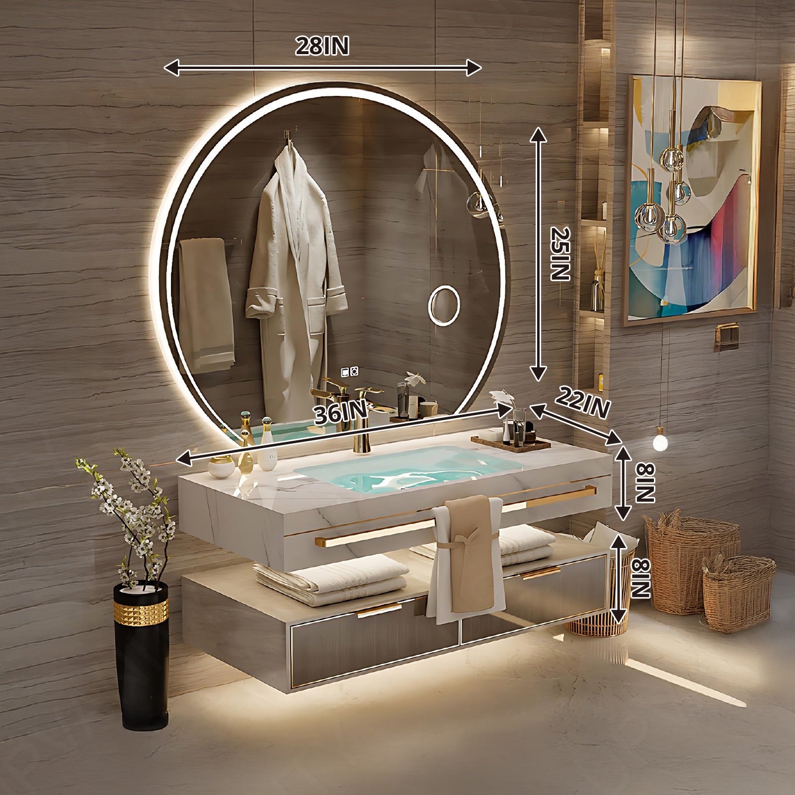 Modern Bath Vanity Set, Brown, Split White Top, 32"- 48", Single, Floating, Round Smart LED Mirror