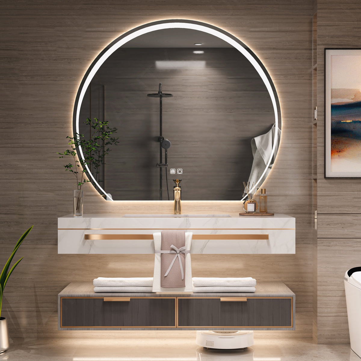 Modern Bath Vanity Set, Brown, Split White Top, 32"- 48", Single, Floating, Round Smart LED Mirror
