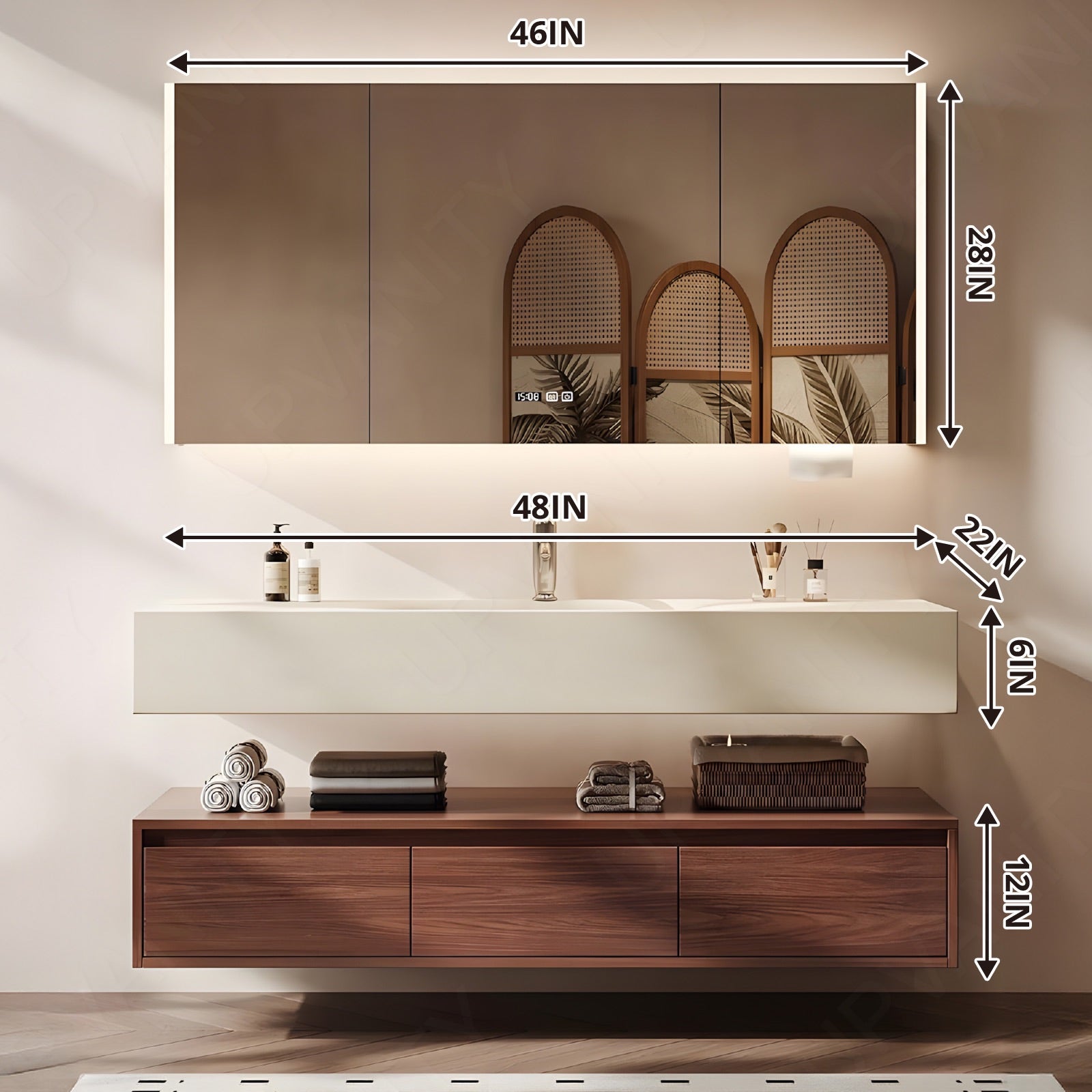 Modern Bath Vanity Set, Brown, Split White Top, 36"-64", Single, Floating, Open Storage, Smart LED Mirror, Rear Cabinet