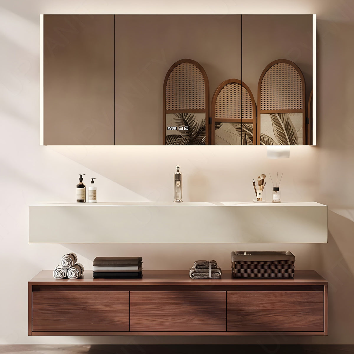 Modern Bath Vanity Set, Brown, Split White Top, 36"-64", Single, Floating, Open Storage, Smart LED Mirror, Rear Cabinet
