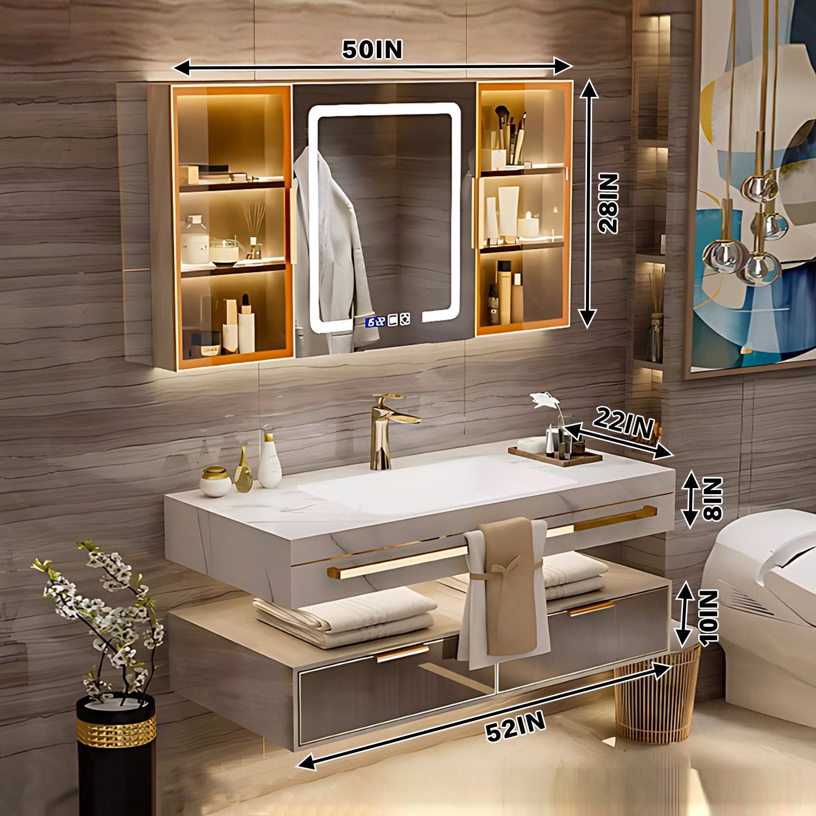 Modern Bath Vanity Set, Brown, Split White Top, 36"- 78", Single/Double, Floating, Smart LED Mirror, Rear and Side Cabinets