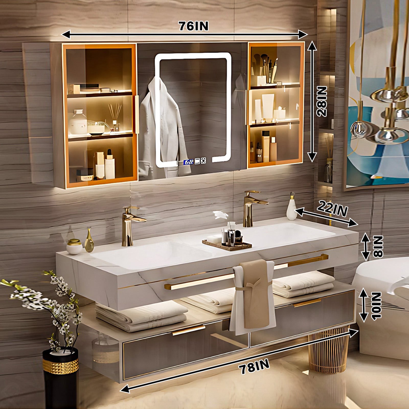 Modern Bath Vanity Set, Brown, Split White Top, 36"- 78", Single/Double, Floating, Smart LED Mirror, Rear and Side Cabinets