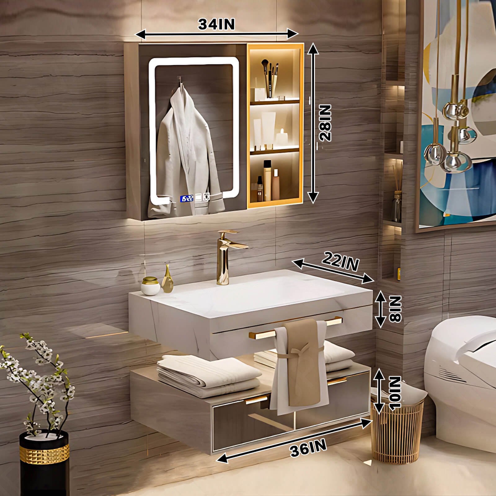 Modern Bath Vanity Set, Brown, Split White Top, 36"- 78", Single/Double, Floating, Smart LED Mirror, Rear and Side Cabinets