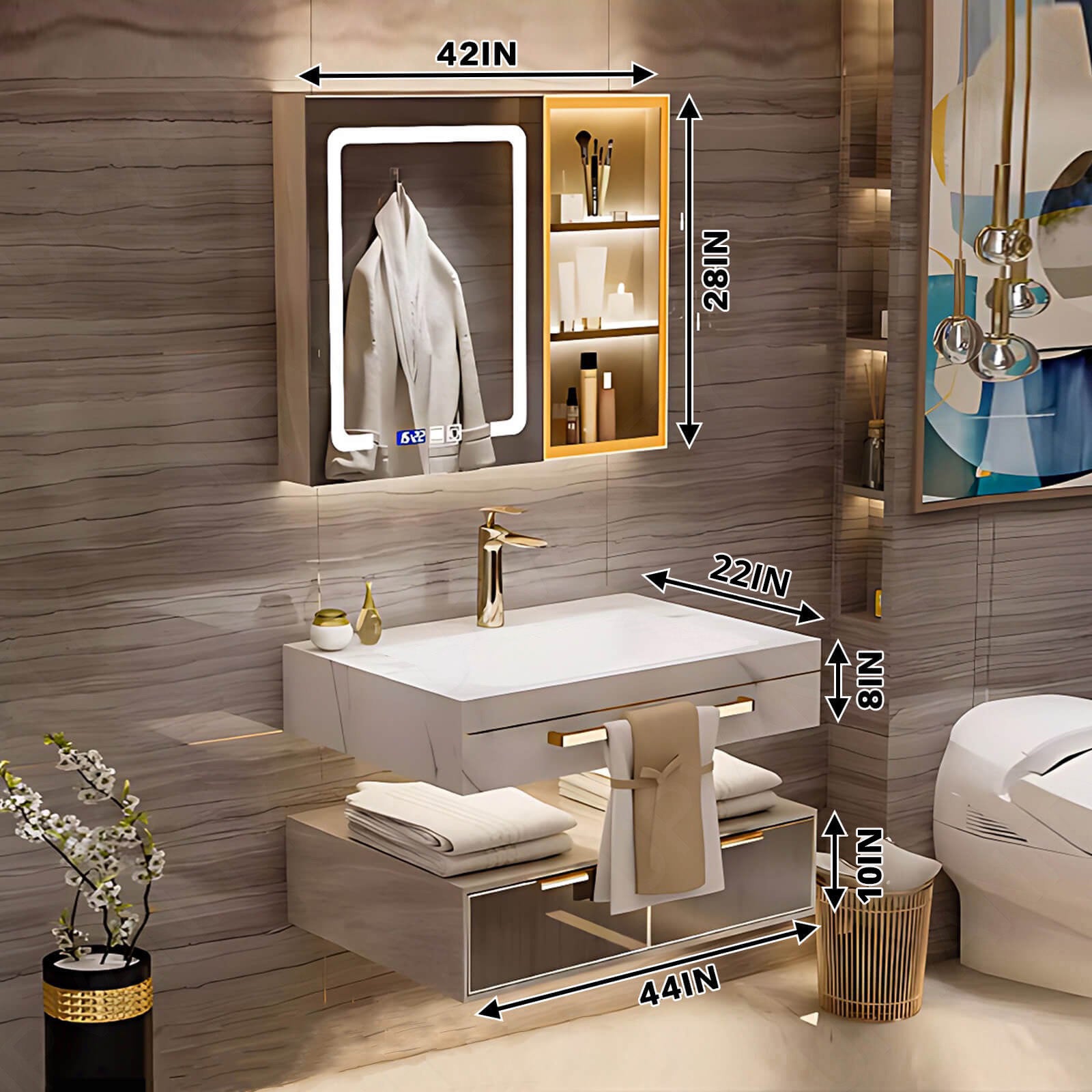 Modern Bath Vanity Set, Brown, Split White Top, 36"- 78", Single/Double, Floating, Smart LED Mirror, Rear and Side Cabinets