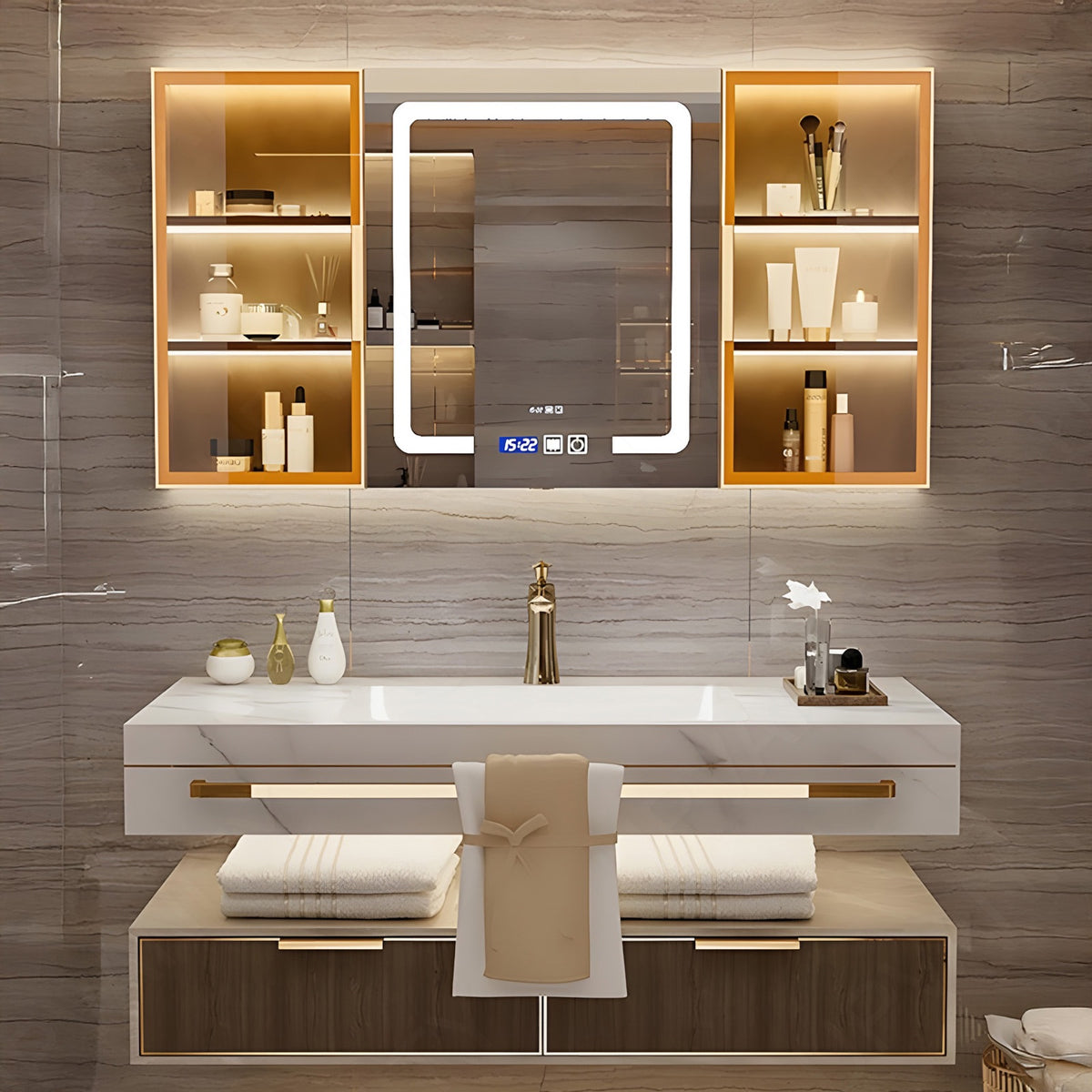 Modern Bath Vanity Set, Brown, Split White Top, 36"- 78", Single/Double, Floating, Smart LED Mirror, Rear and Side Cabinets