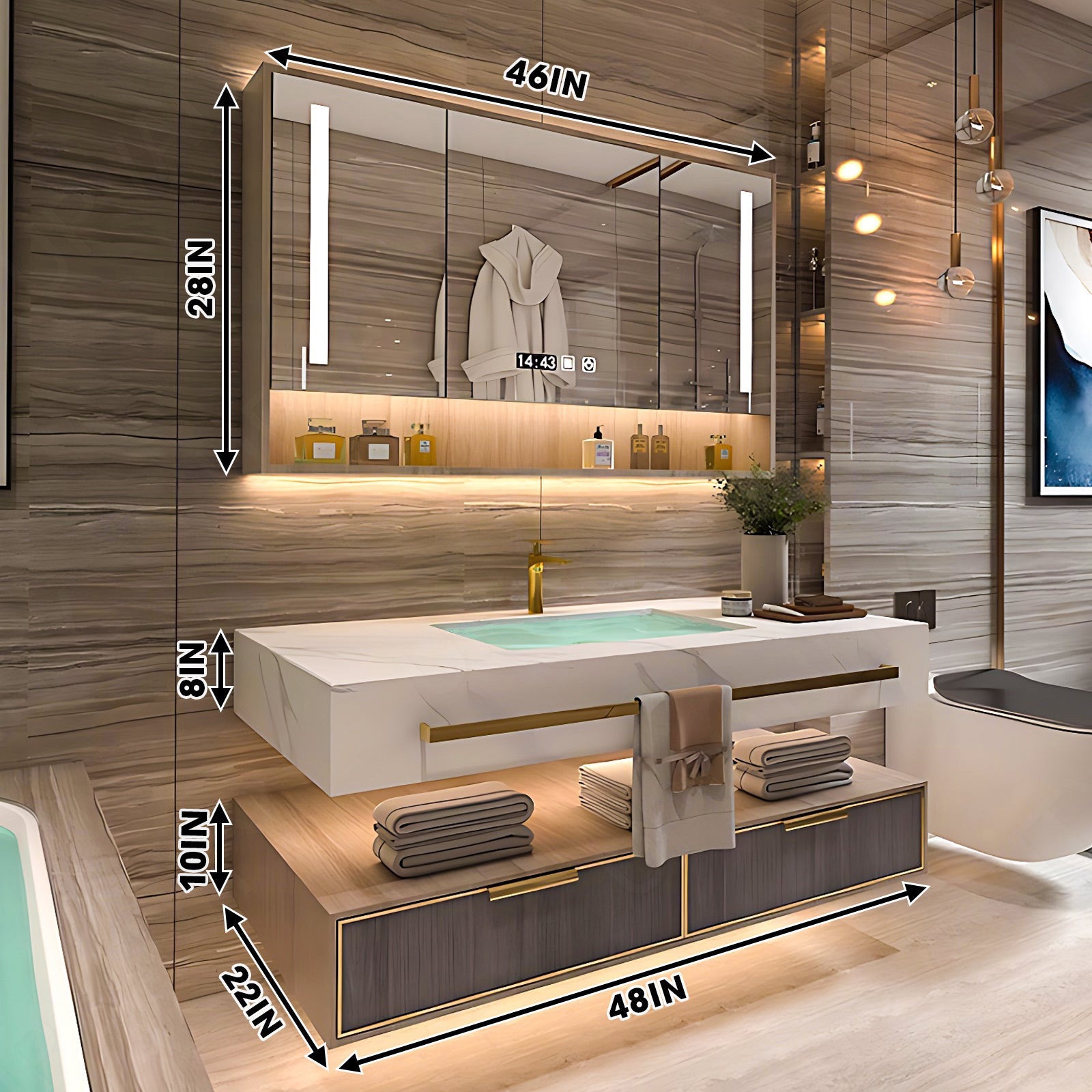 Modern Bath Vanity Set, Brown, Split White Top, 32"- 78", Single/Double, Floating, Smart LED Mirror, Rear Cabinet