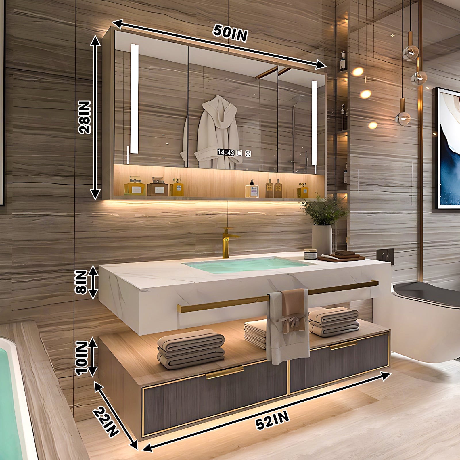 Modern Bath Vanity Set, Brown, Split White Top, 32"- 78", Single/Double, Floating, Smart LED Mirror, Rear Cabinet
