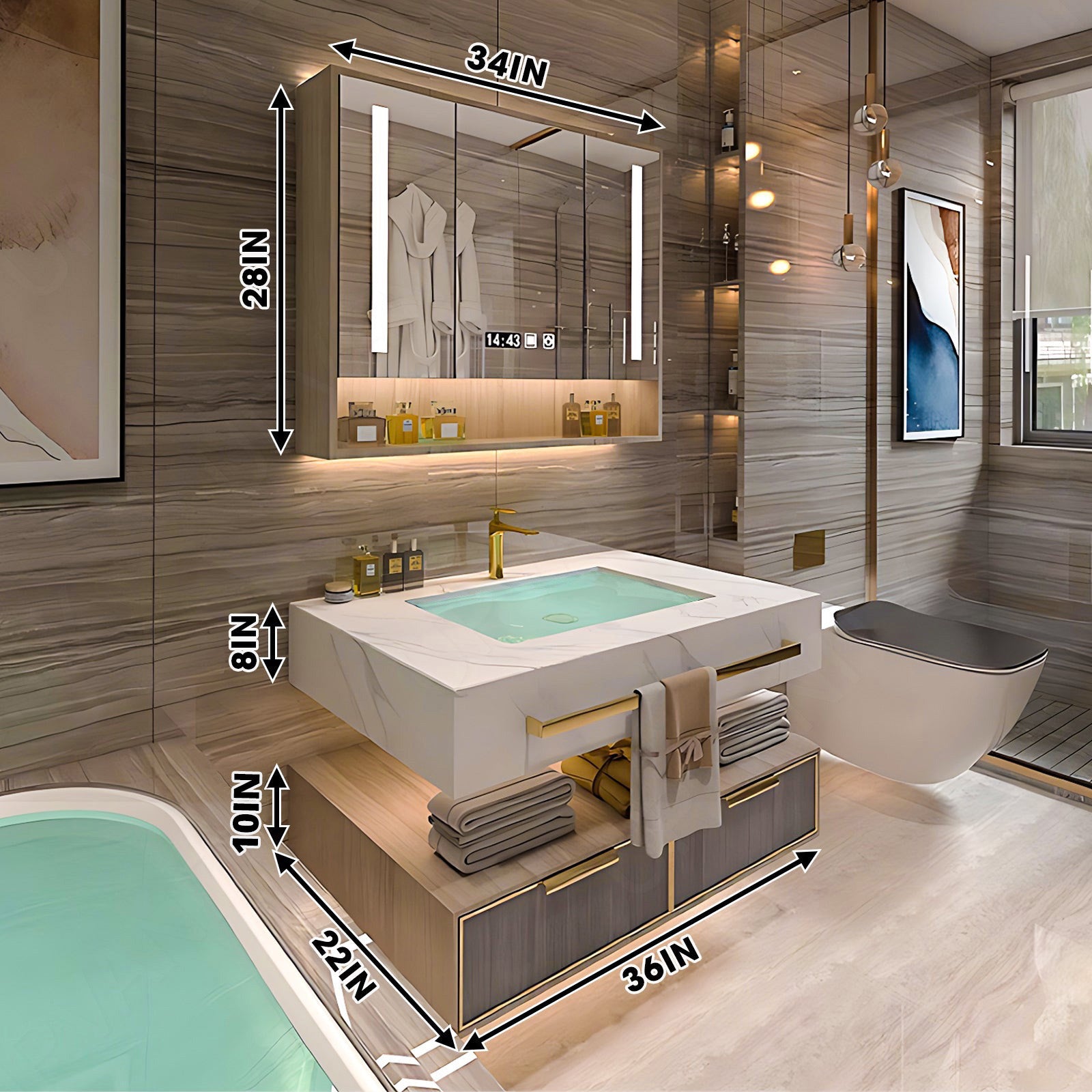 Modern Bath Vanity Set, Brown, Split White Top, 32"- 78", Single/Double, Floating, Smart LED Mirror, Rear Cabinet