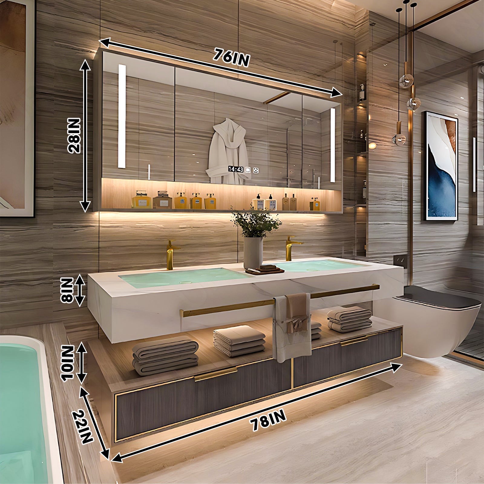 Modern Bath Vanity Set, Brown, Split White Top, 32"- 78", Single/Double, Floating, Smart LED Mirror, Rear Cabinet