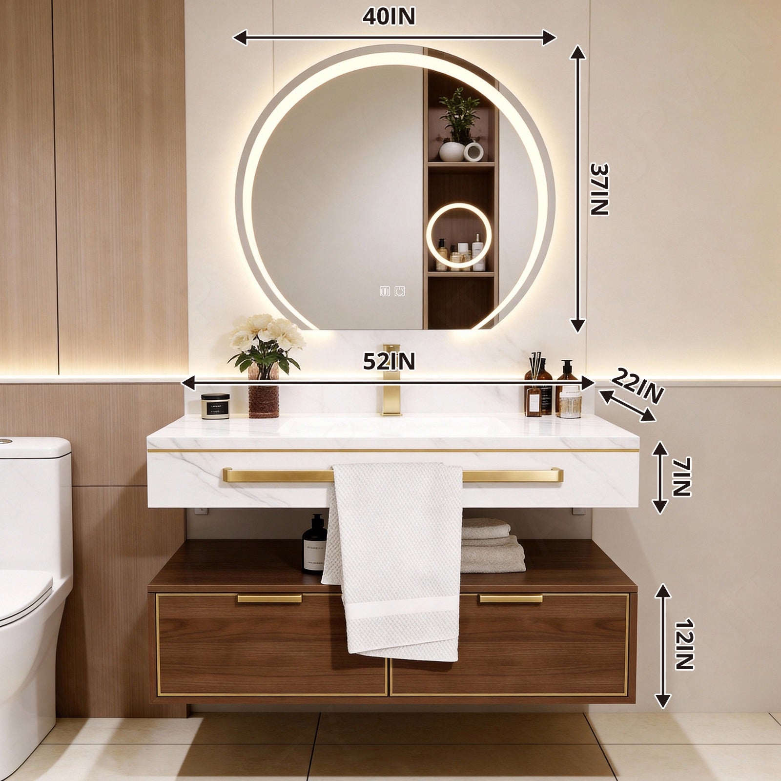 Modern Bath Vanity Set, Brown, Split White Top, 40"- 56", Single, Floating, Round Smart LED Mirror, Towel Rack