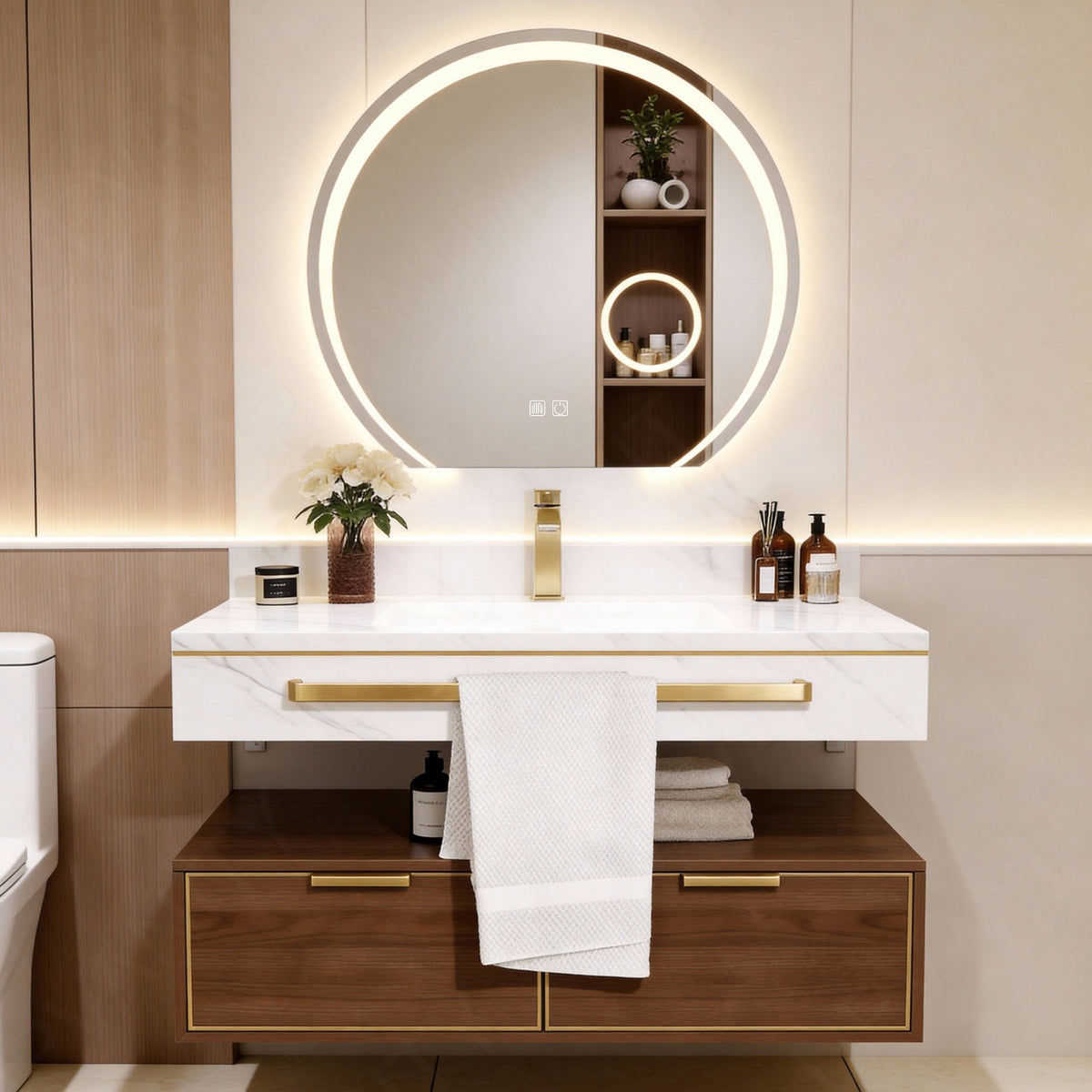 Modern Bath Vanity Set, Brown, Split White Top, 40"- 56", Single, Floating, Round Smart LED Mirror, Towel Rack