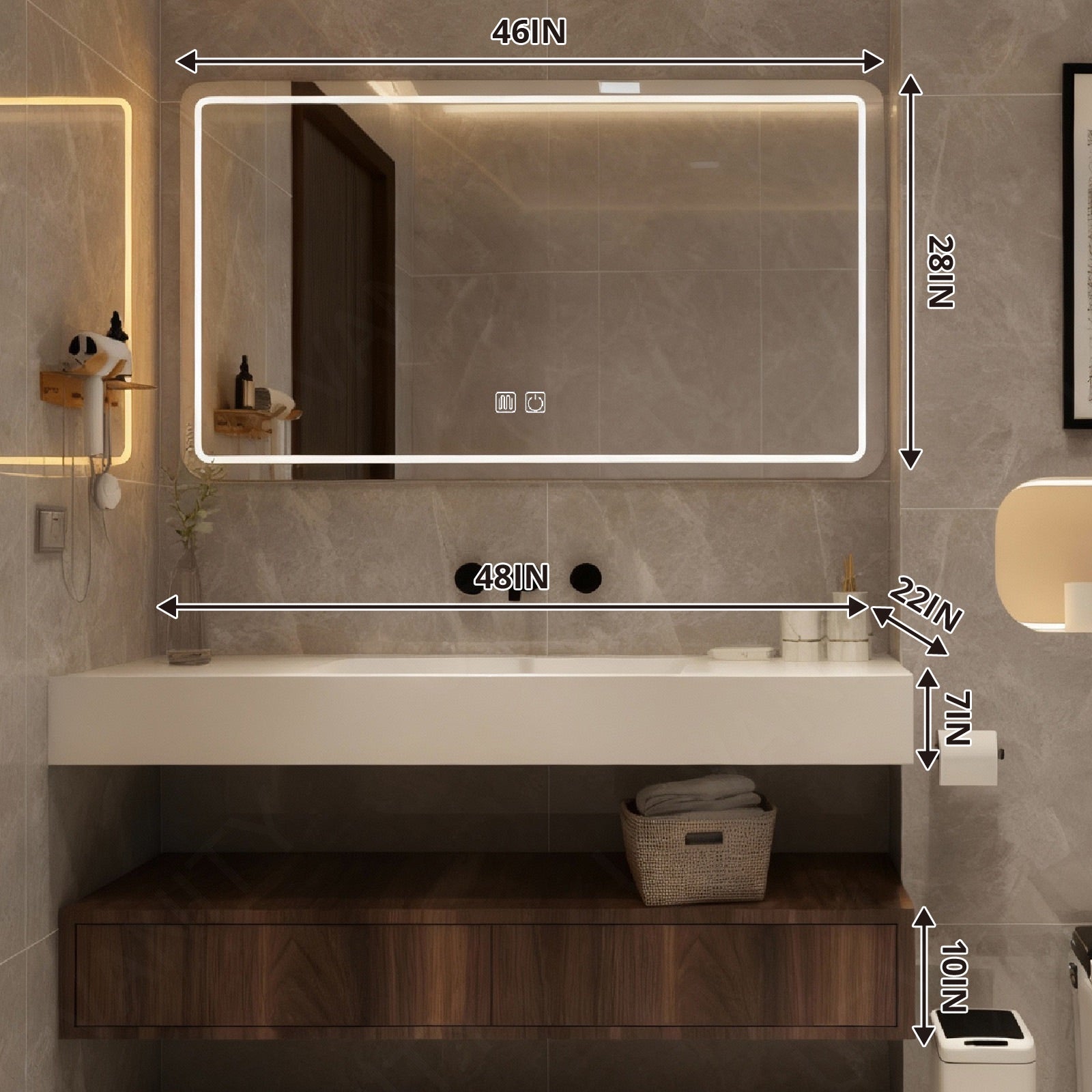 Modern Bath Vanity Set, Brown, Split White Top, 40"-60", Single, Floating, Open Storage, Smart LED Mirror