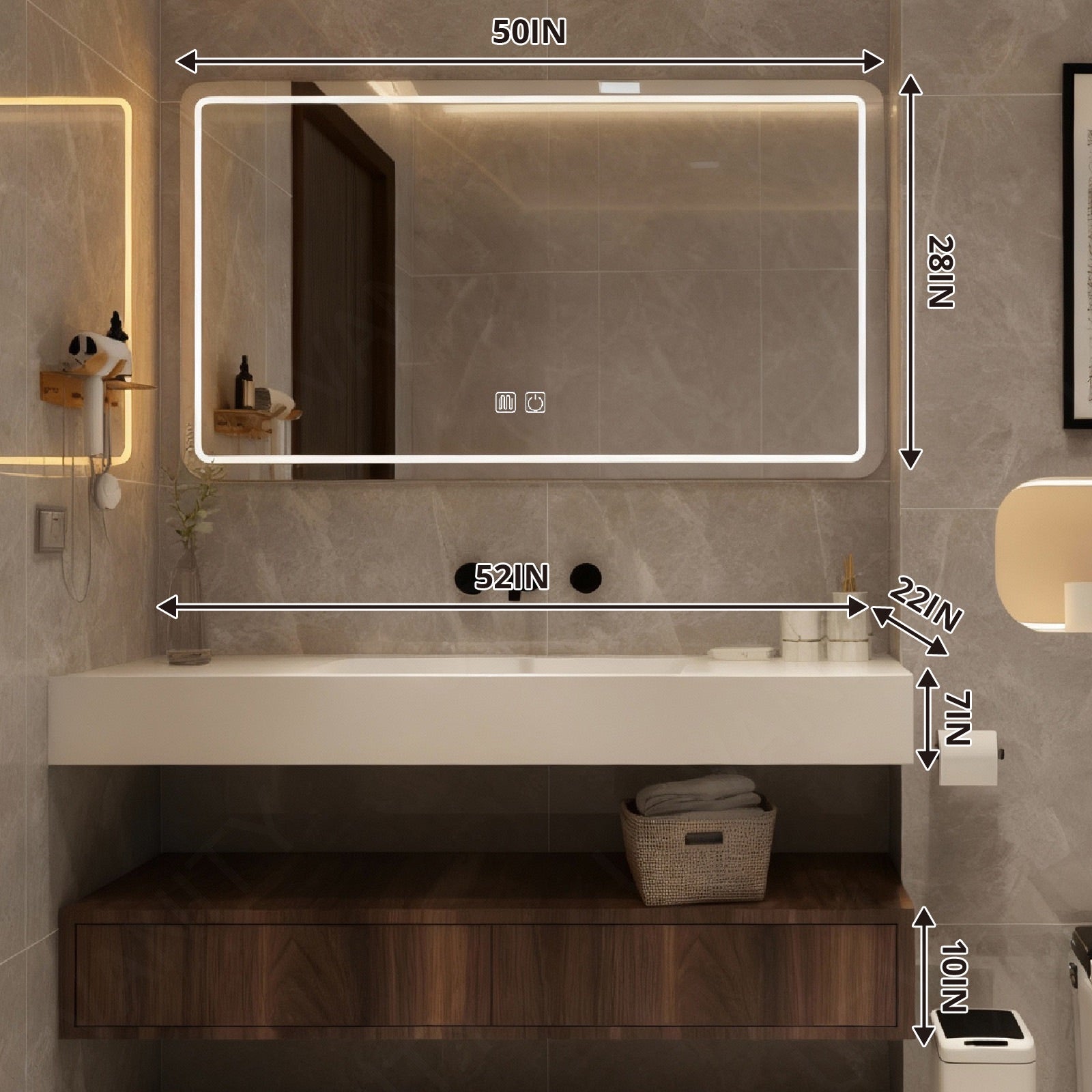 Modern Bath Vanity Set, Brown, Split White Top, 40"-60", Single, Floating, Open Storage, Smart LED Mirror